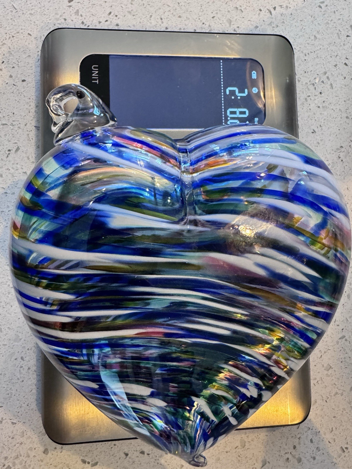 Large Hand Blown Studio Art Glass Heart Blue White Multicolor 7” x 6” 2.5 lbs