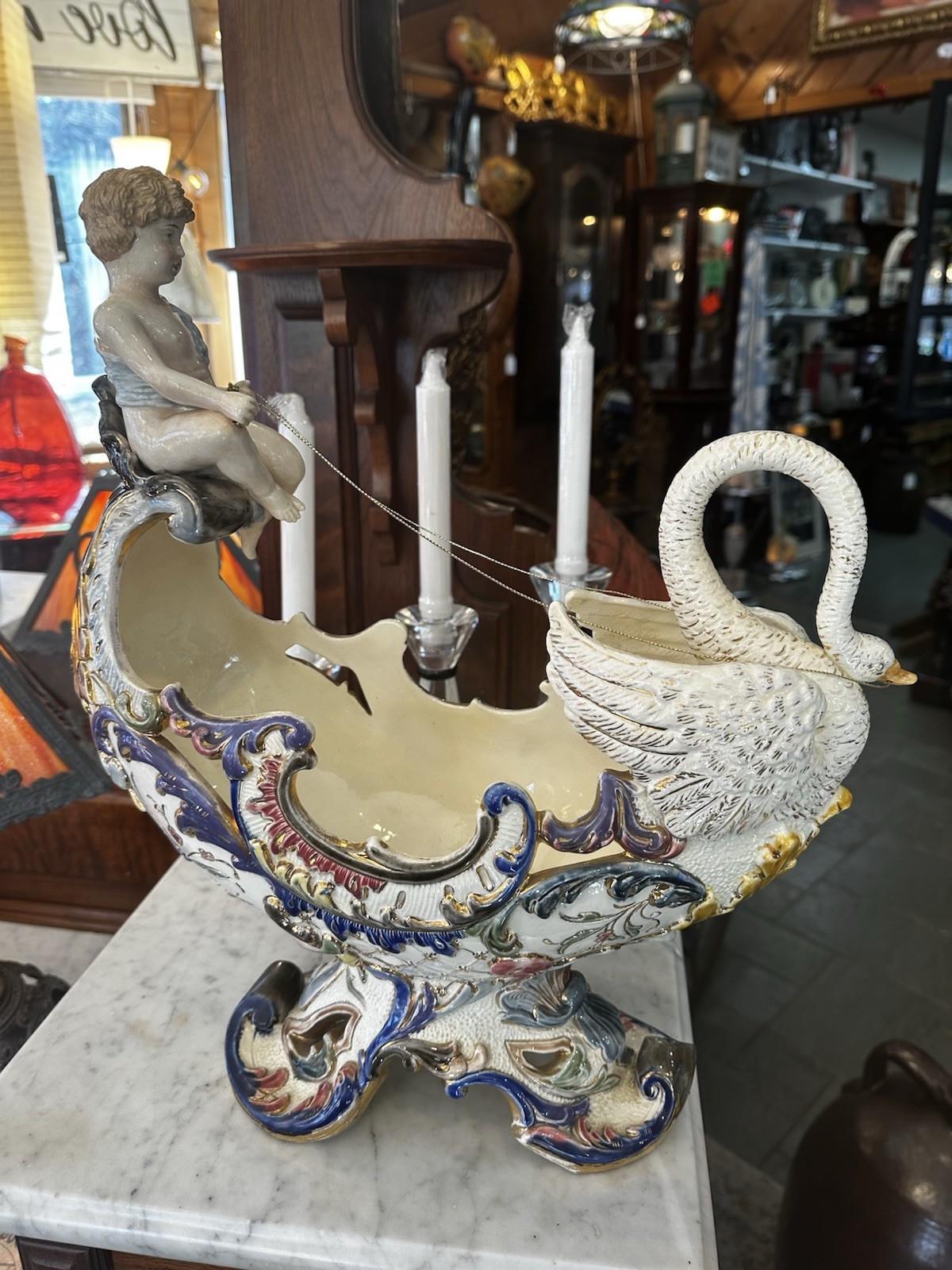 Antique Dresden Style Porcelain Swan Cherub Centerpiece Figural