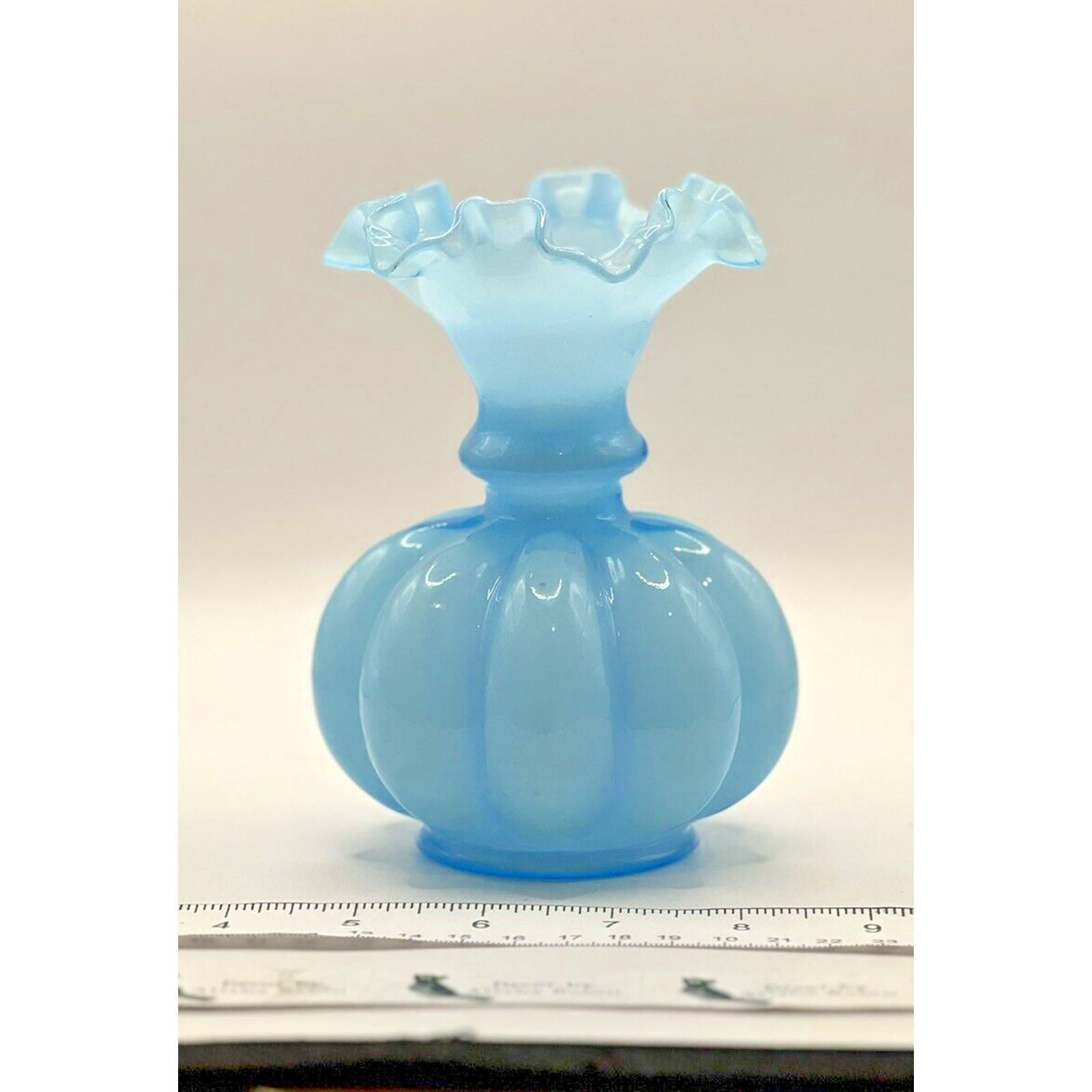 Fenton Light Aqua Blue Opaline Melon Bud Vase Ruffled Edge Vintage 6”