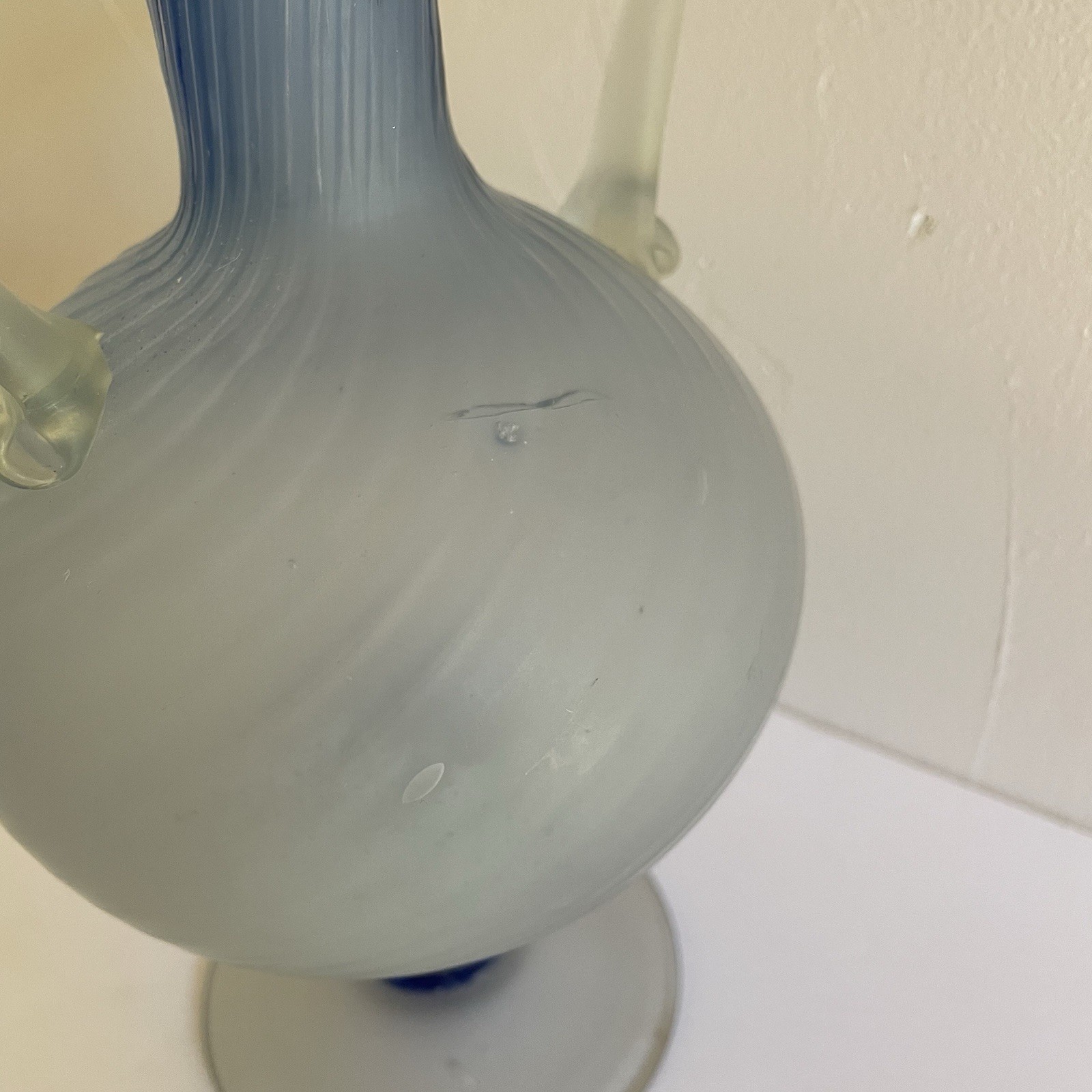 Hand Blown Vintage Satin Art Glass Vase Two Toned Blue 11.5” Frosted 2 Handles