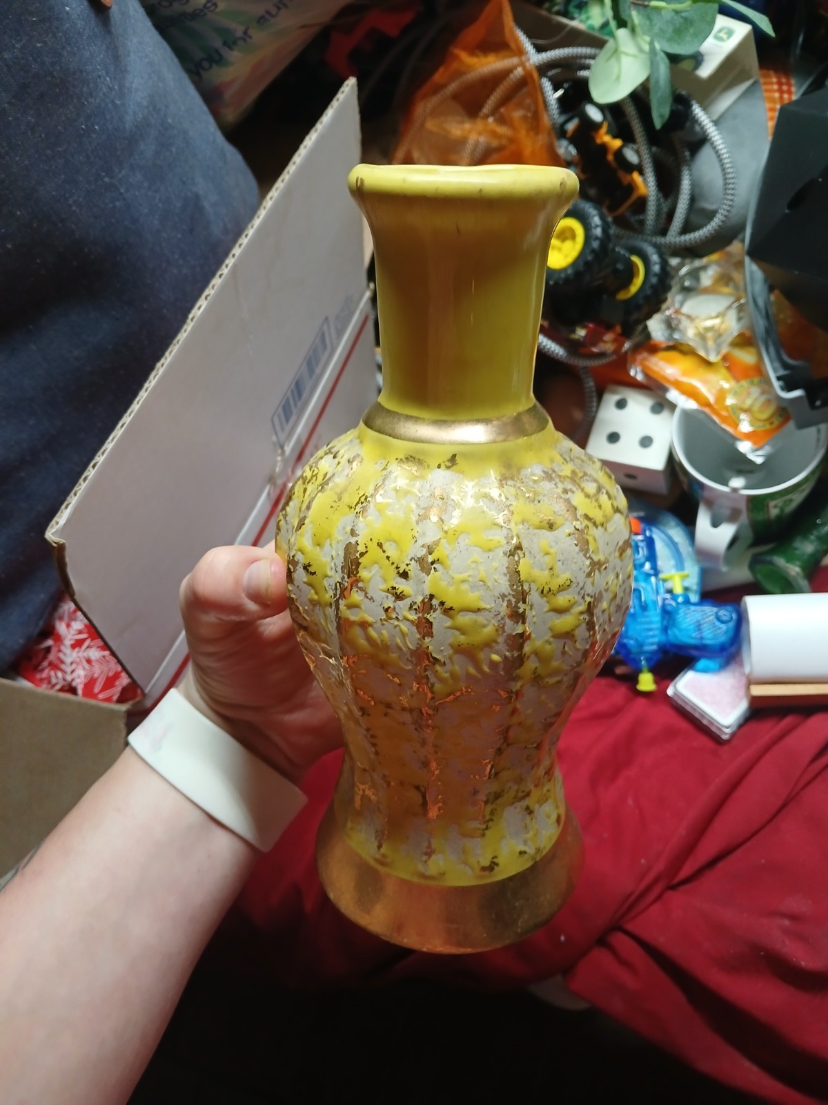 vintage-style decorative vase with a yellow and white crackle glaze and gilt…