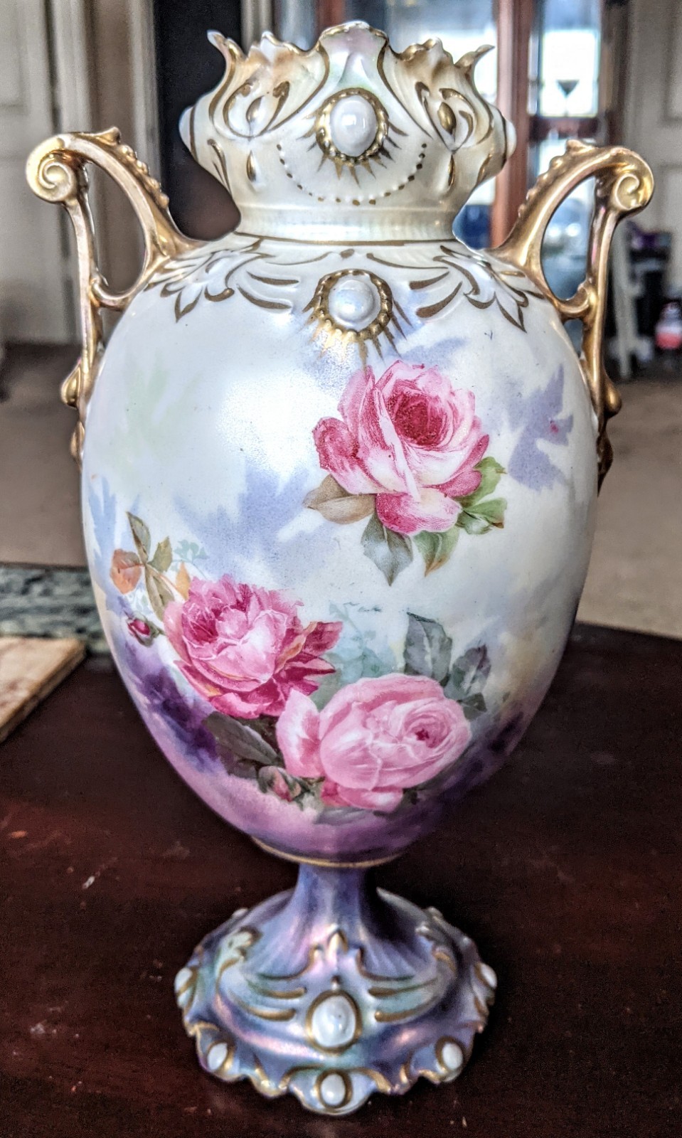 19thC RS Prussia Dbl Handled Jewel Mold Vase Roses Iridescent Finish 10″