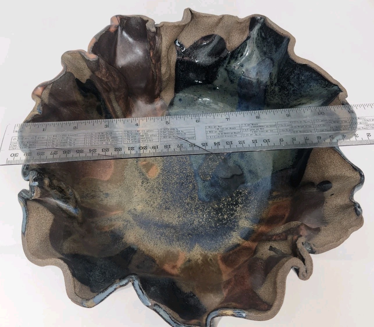 Freeform Art Studio Handkerchief Bowl Signed Drip Glaze LG 11″ Abstract Design