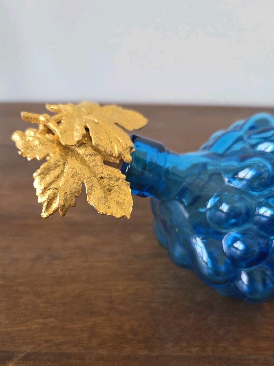 Vintage Italian Cobalt Blue Grape Cluster Decanter W/ Gold Filigree Leaf Cork