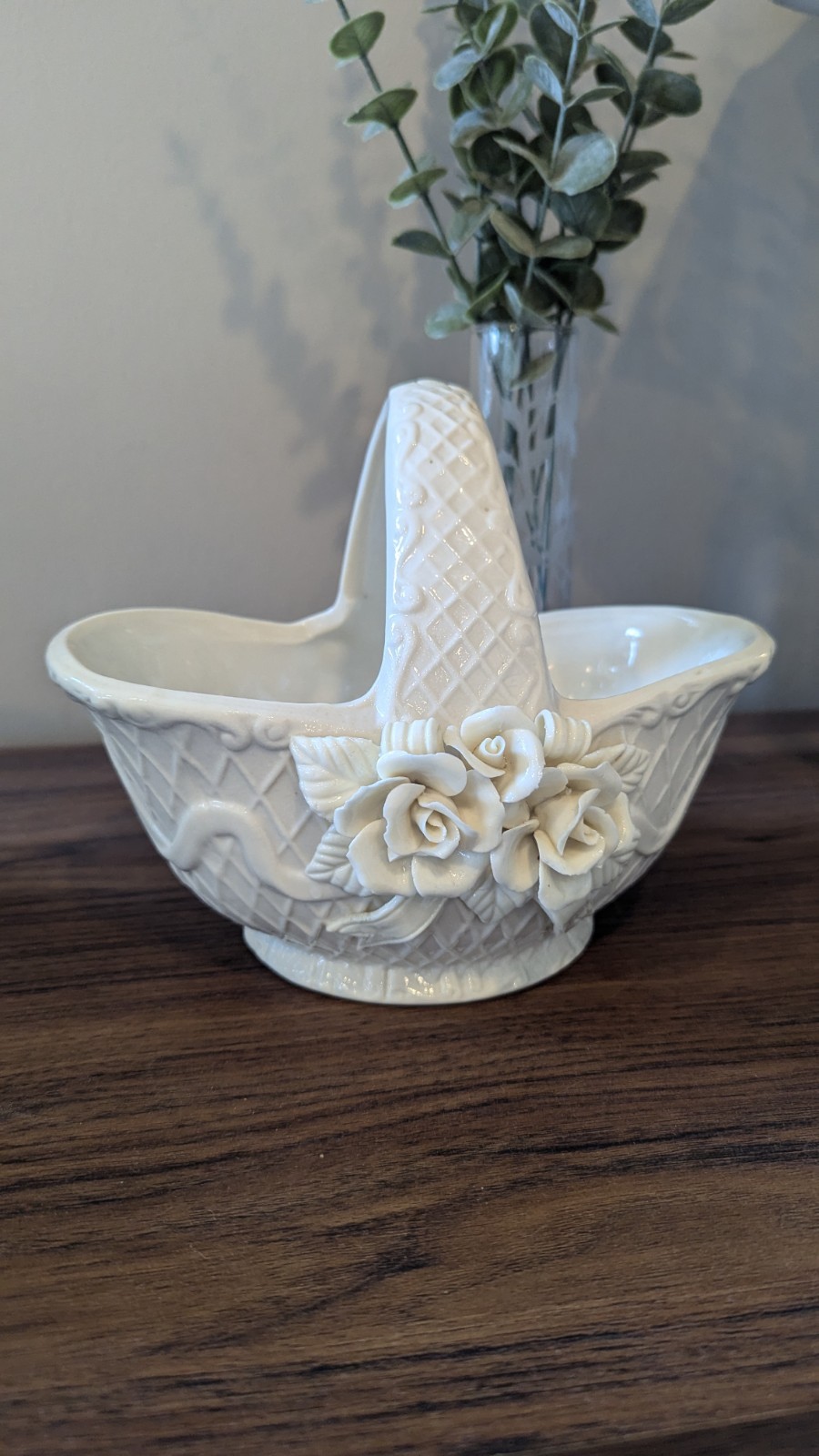Ceramic Glossy White Handled Decorative Basket, Raised Rose Floral, Oval 6.5 in