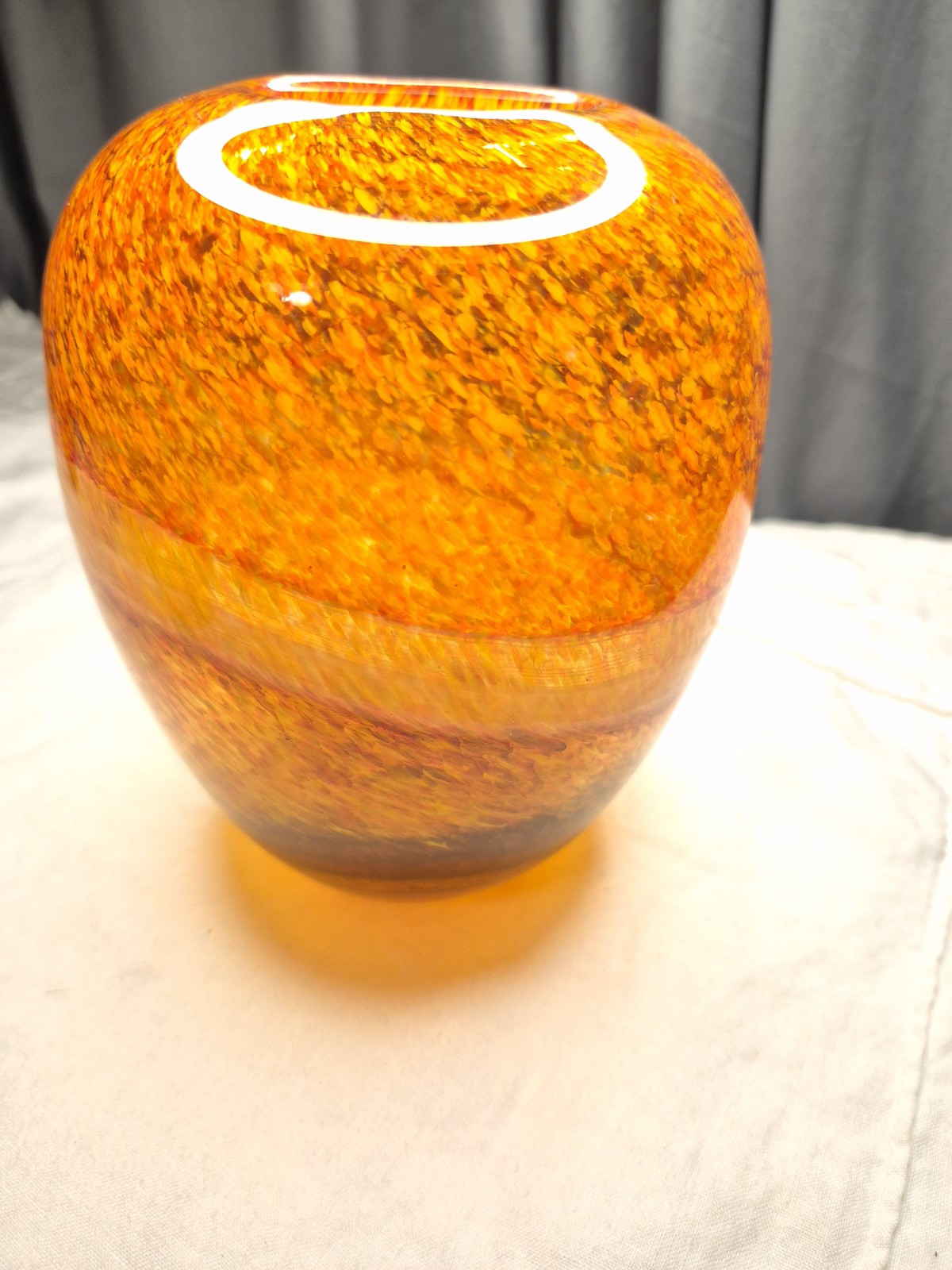 Speckled Glass Vase Brown Yellow Orange w White Band 7″h