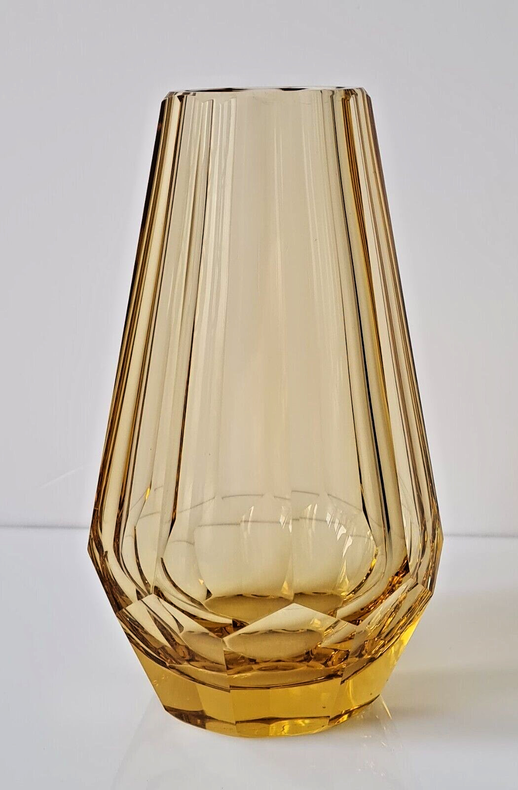 Antique Moser Art Deco Cut Glass Multi Sided Czech Bohemian Yellow Vase, 1919