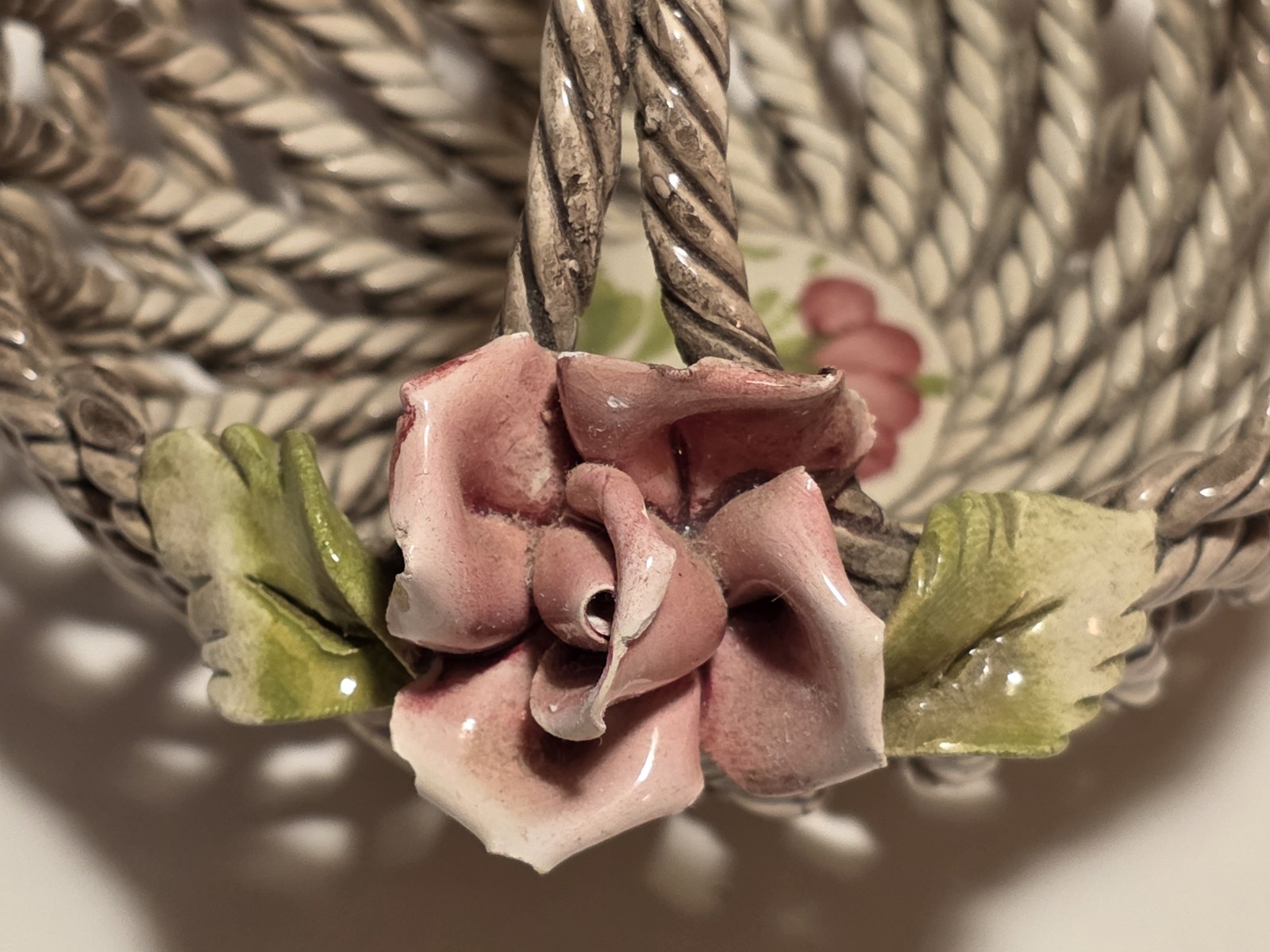 Vintage Capodimonte Woven Porcelain Basket with Flowers Italy