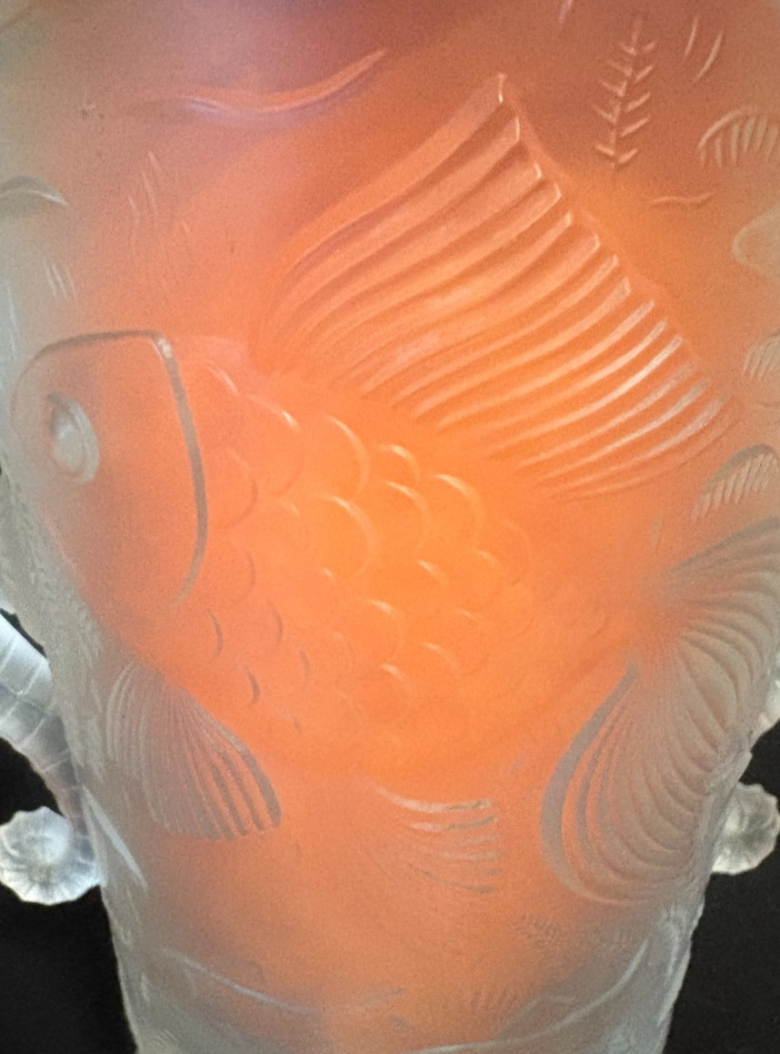 Vintage Art Deco Barolac Frost Glass Vase Josef Inwald 1930 Koi Seahorse Handles