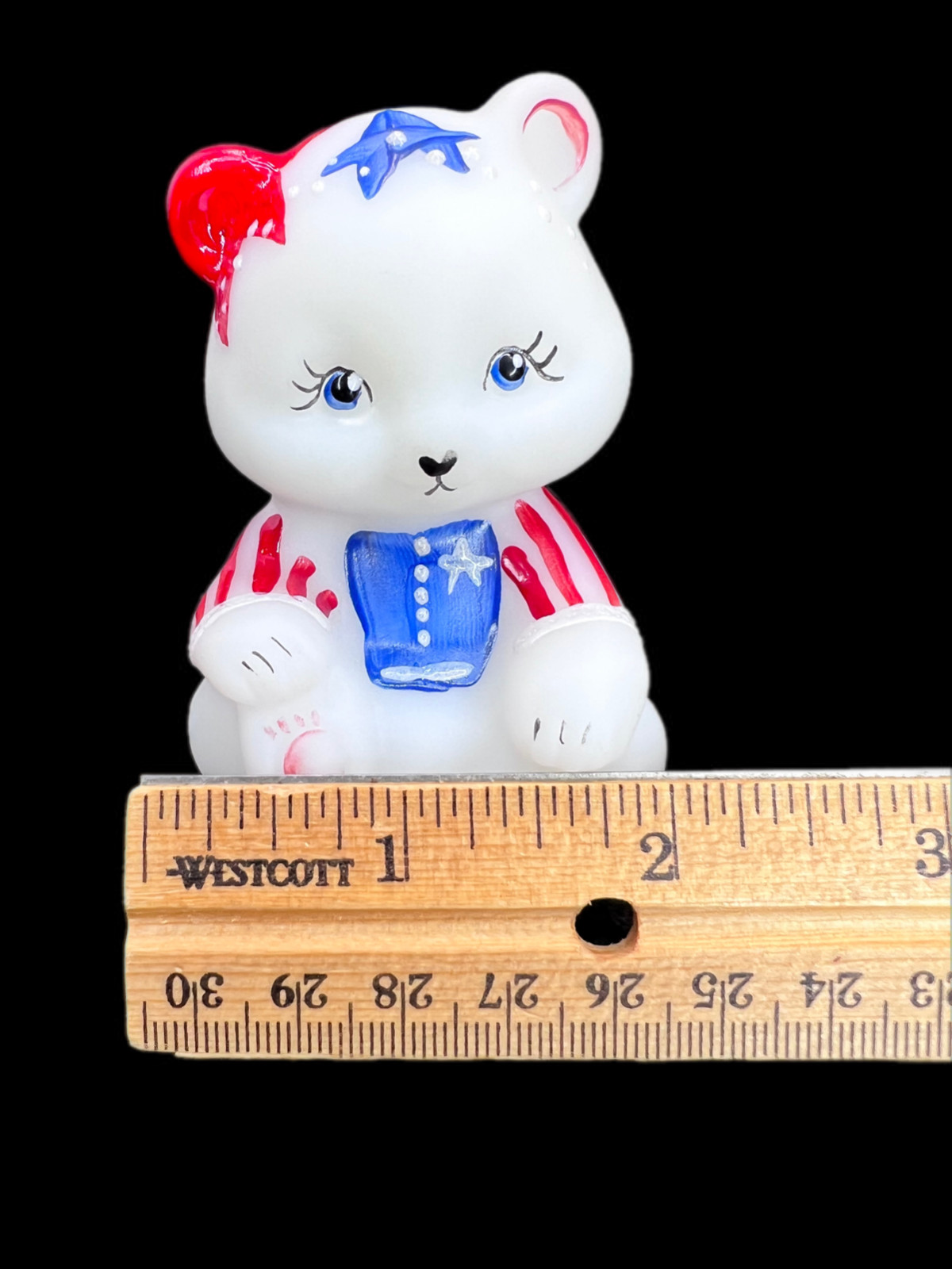 Fenton 2001 Sitting Bear Patriotic Stars and Stripes White Satin Glass Signed