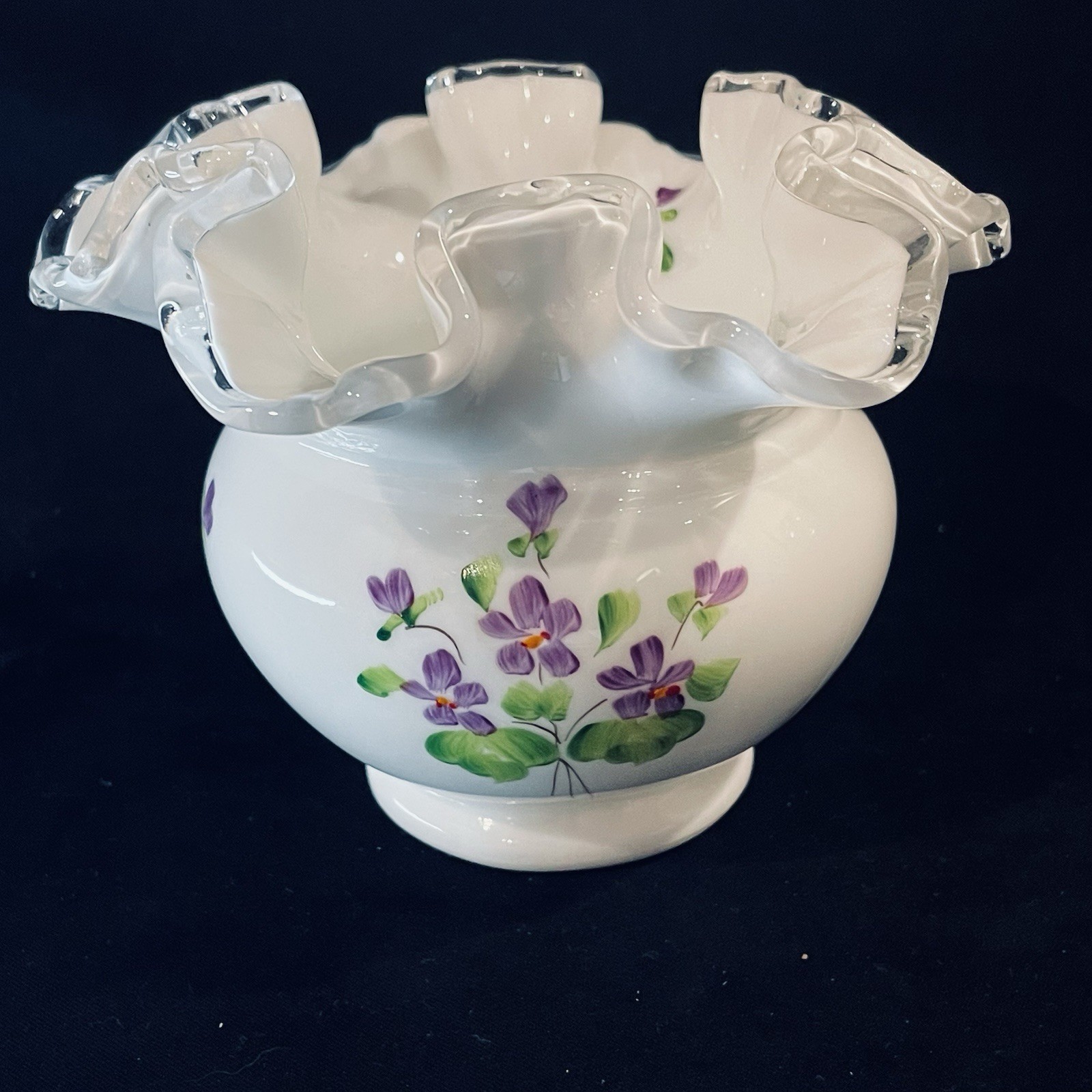 Vtg Fenton HP Silver Crest VIOLETS IN SNOW Rose Bowl Vase Signed Nancy Gribble