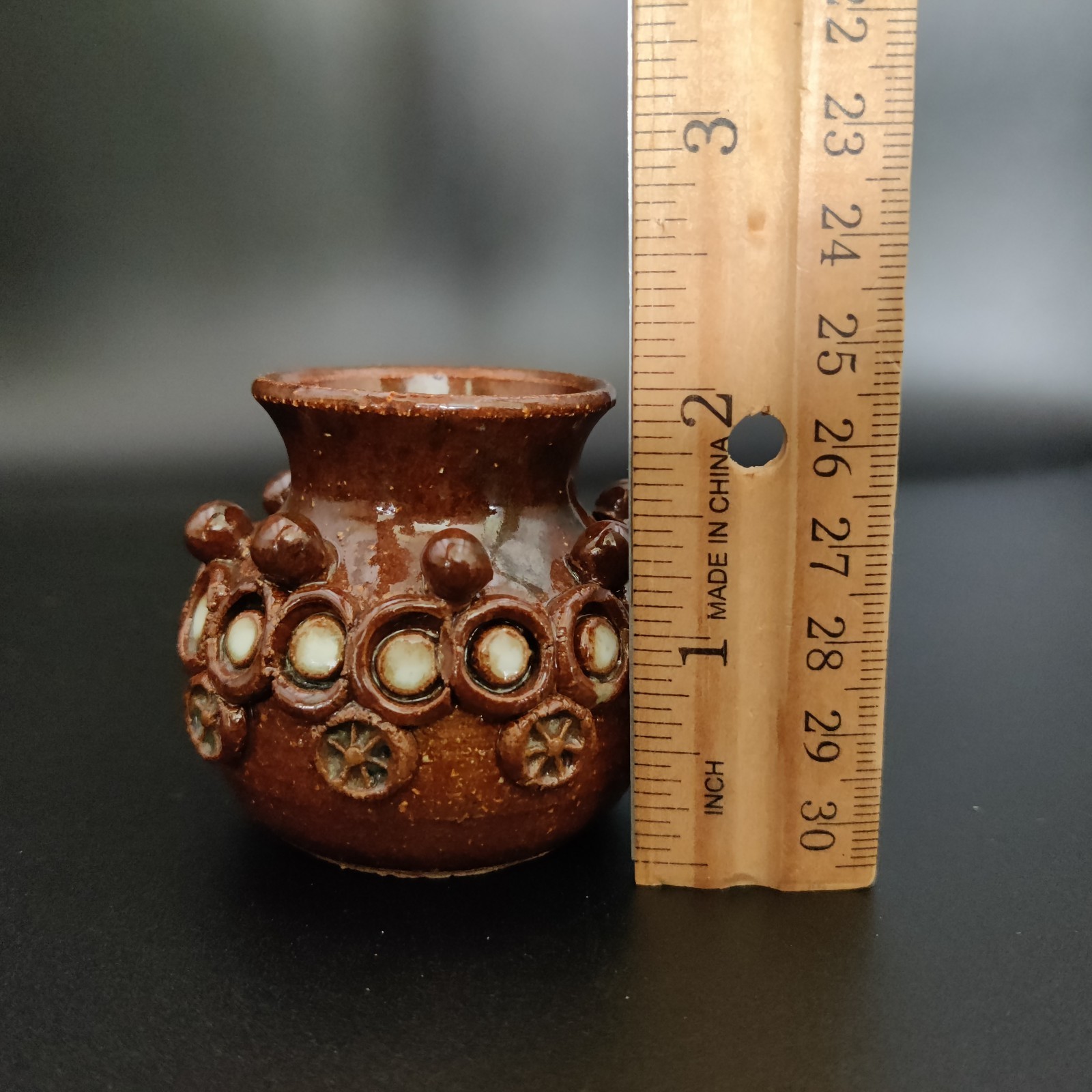 Miniature Brown Pottery Vase Signed Arlene with Applied Decorative Details