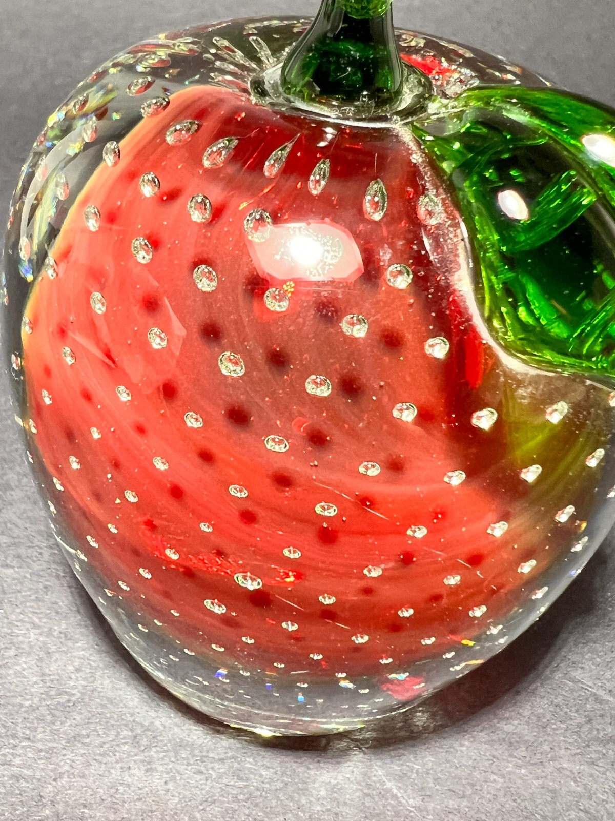 Apple Paperweight Art Hand Blown Glass Cased Clear Red Handcrafted Bubbles Glows