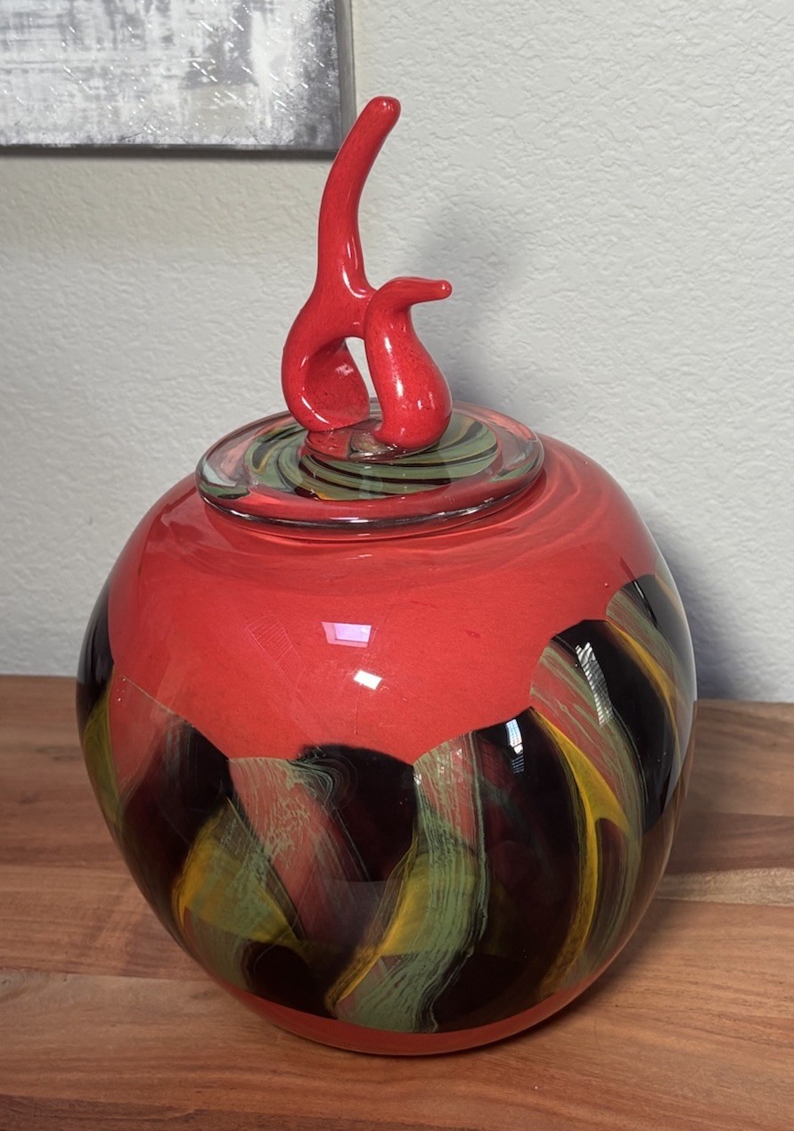 Large 14.5″ Signed Alexandra Studio Art Glass Vase – Red Abstract w/ Flame Lid
