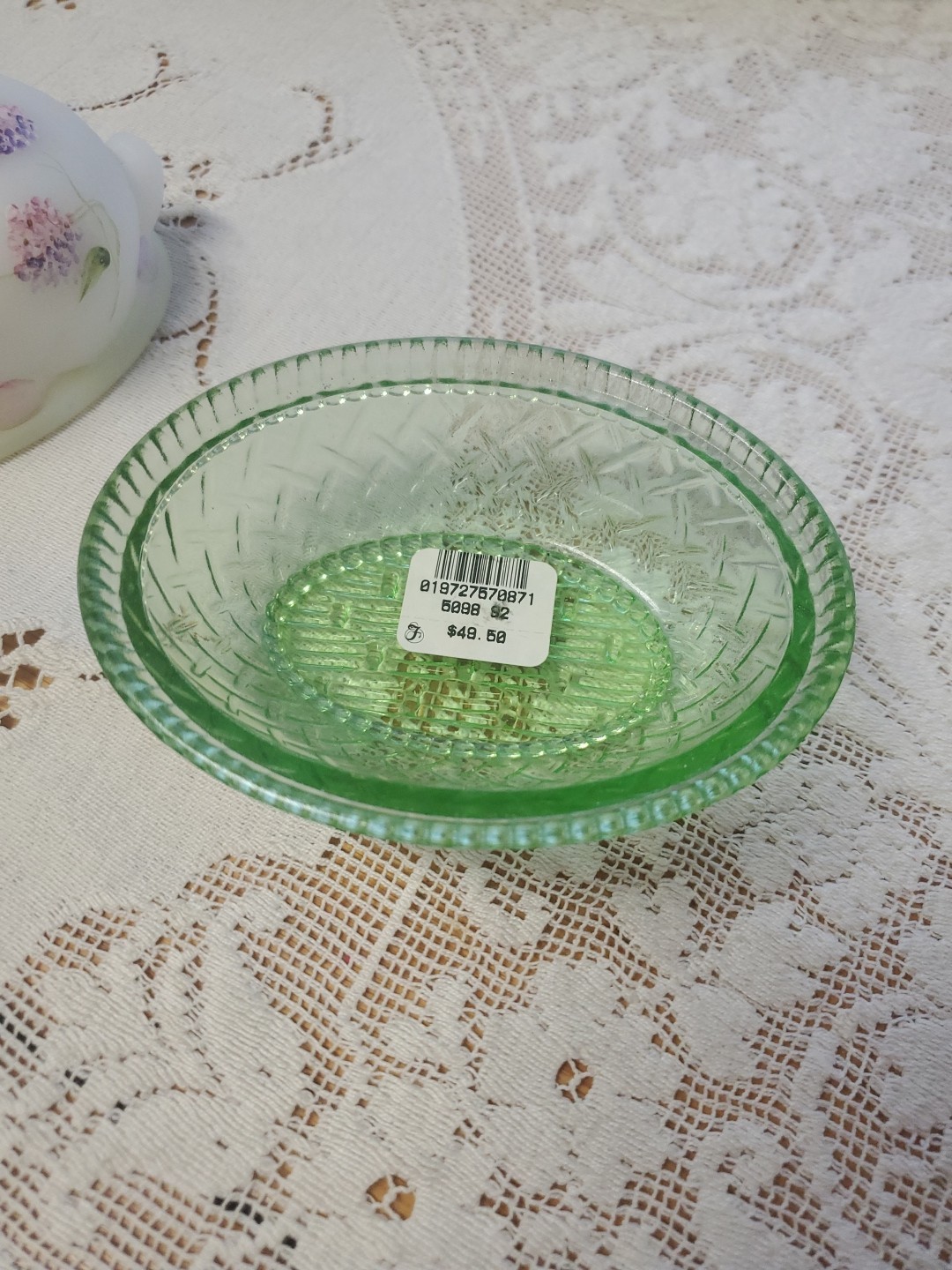 Fenton Bunny Rabbit on Nest Dish Hand Painted Pink Flowers Green Base 5098