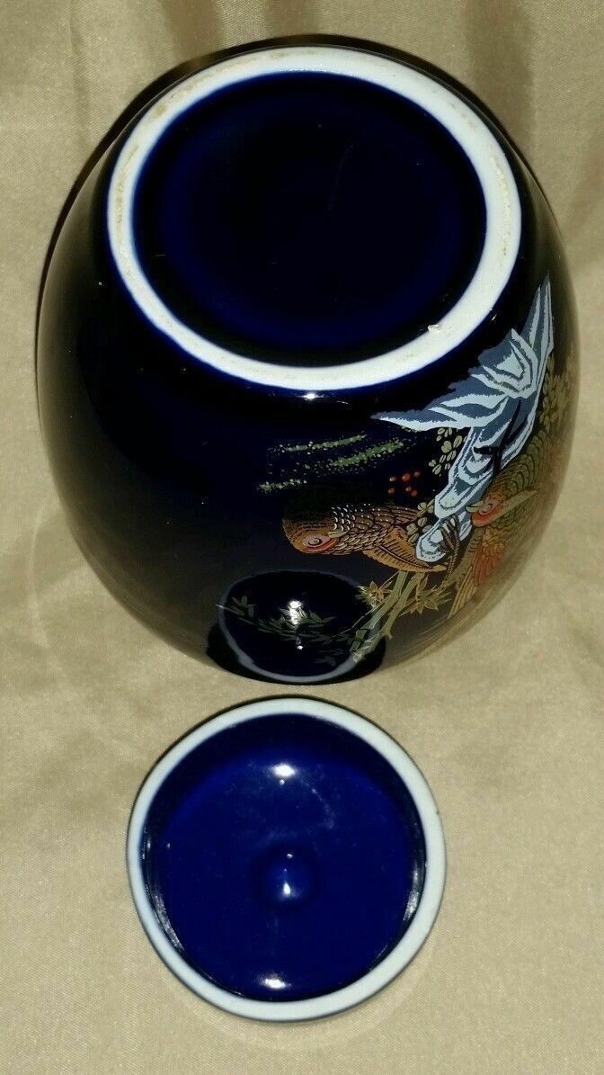 GINGER JAR URN Cobalt Blue Pheasant Bird Painted w/Gold Trim Accent