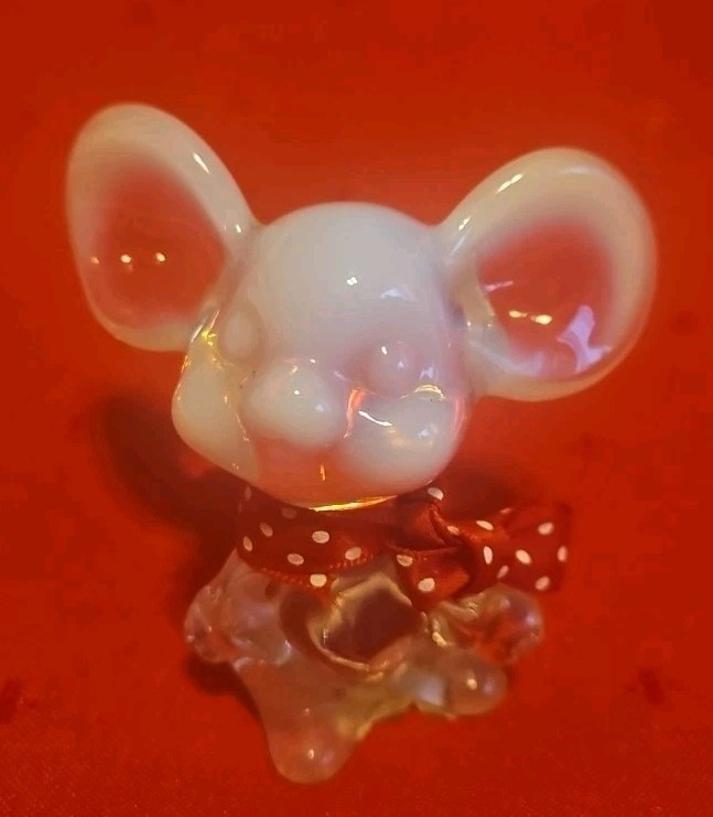 Vintage Fenton Mouse Clear Opalescent with Red Polka Dot Bow