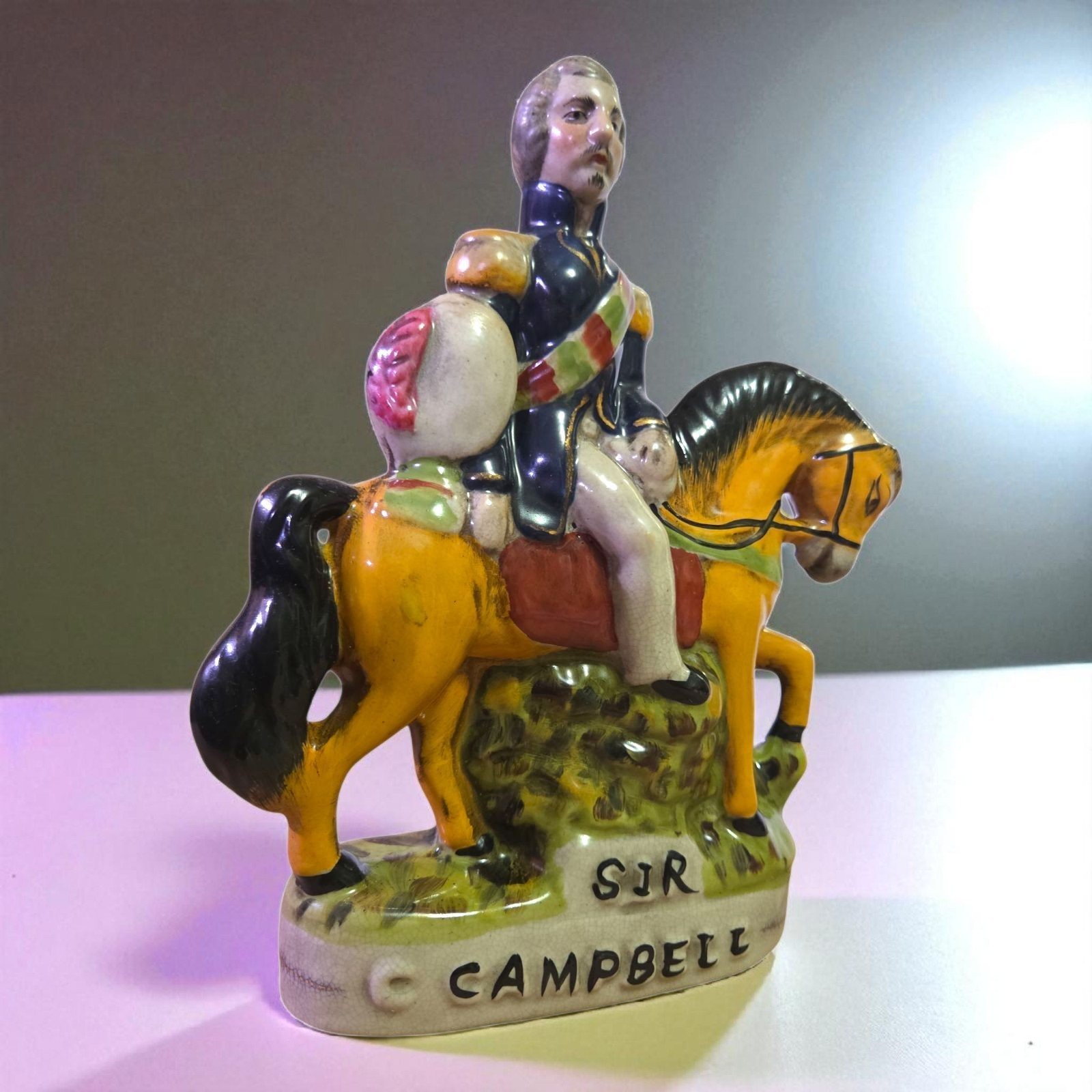 Vintage Staffordshire Style Flatback Figurine SIR CAMPBELL on Horseback 9” H