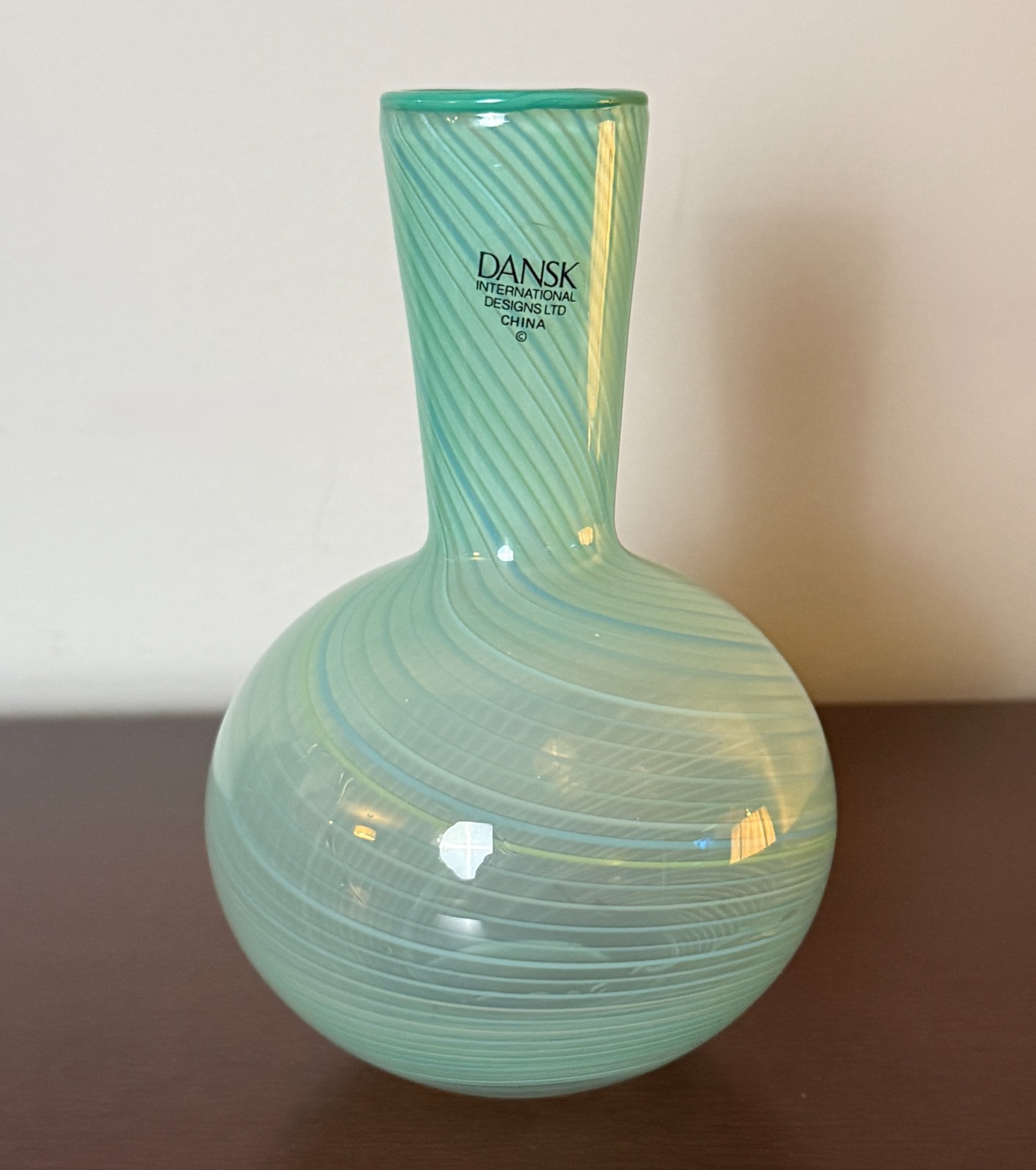 Dansk International 1970 Mezza Filigrana Turquoise Mint Swirl Art Glass Bud Vase