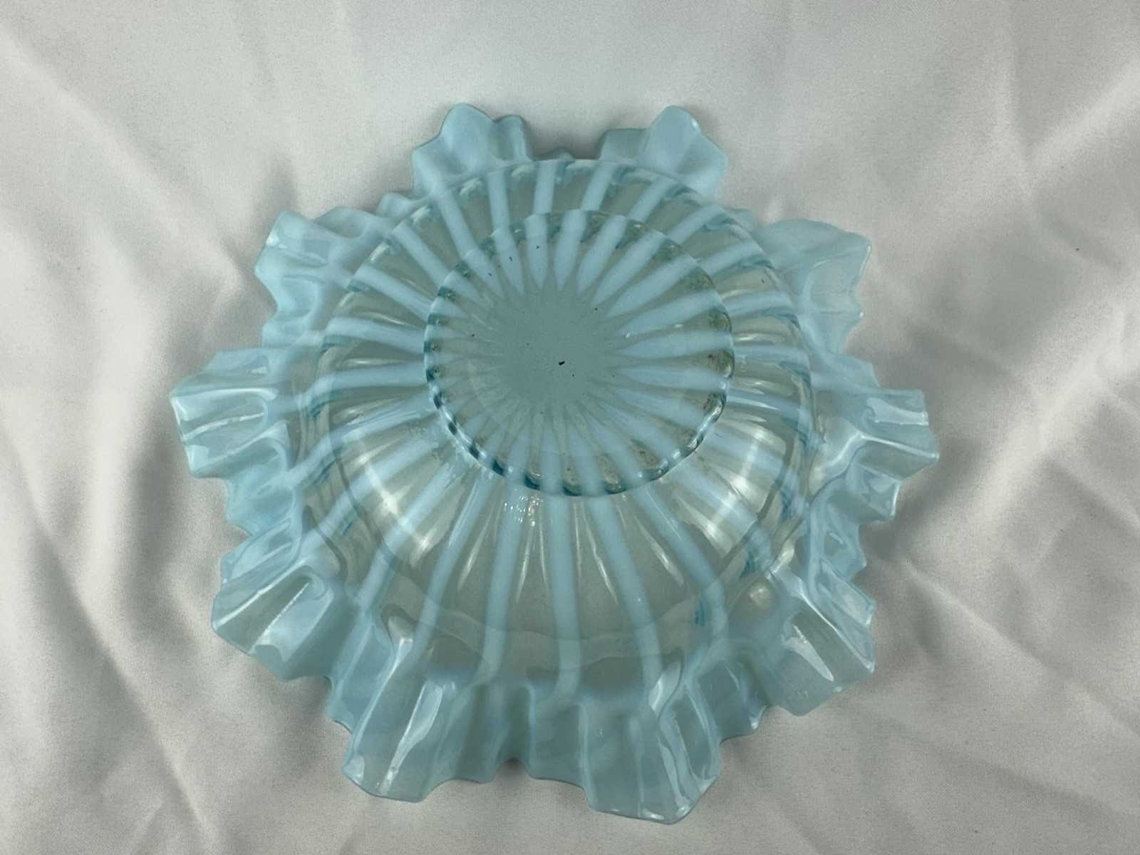 Vintage Aqua Opalescent Spiral Optic Ruffled Glass Bowl Swirl Pattern Art Glass