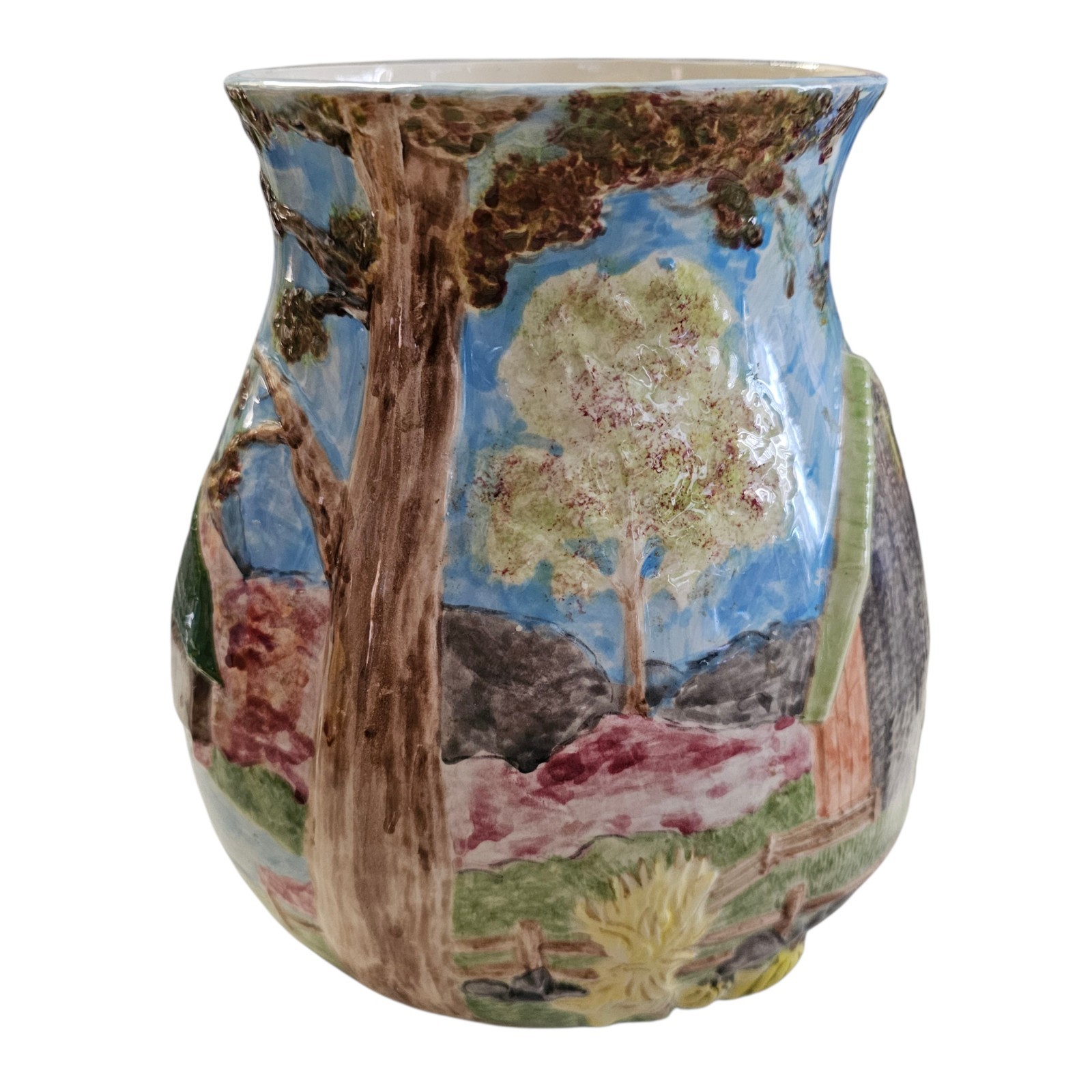 Hand Painted Ceramic Vase 7.75″ Vintage Barn Covered Bridge Trees Mountains 1989