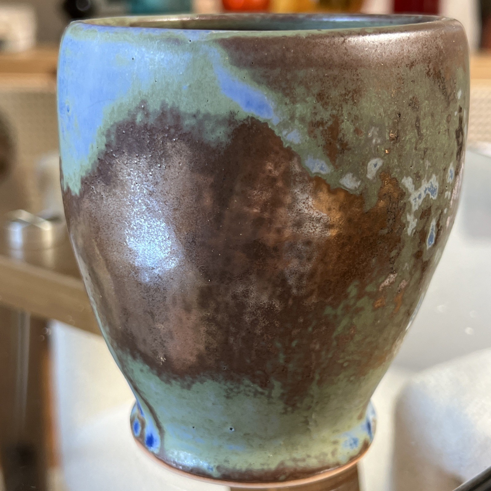 Studio Pottery Raku Style Planter Blue Green Brown Signed Art Pottery 4.4″