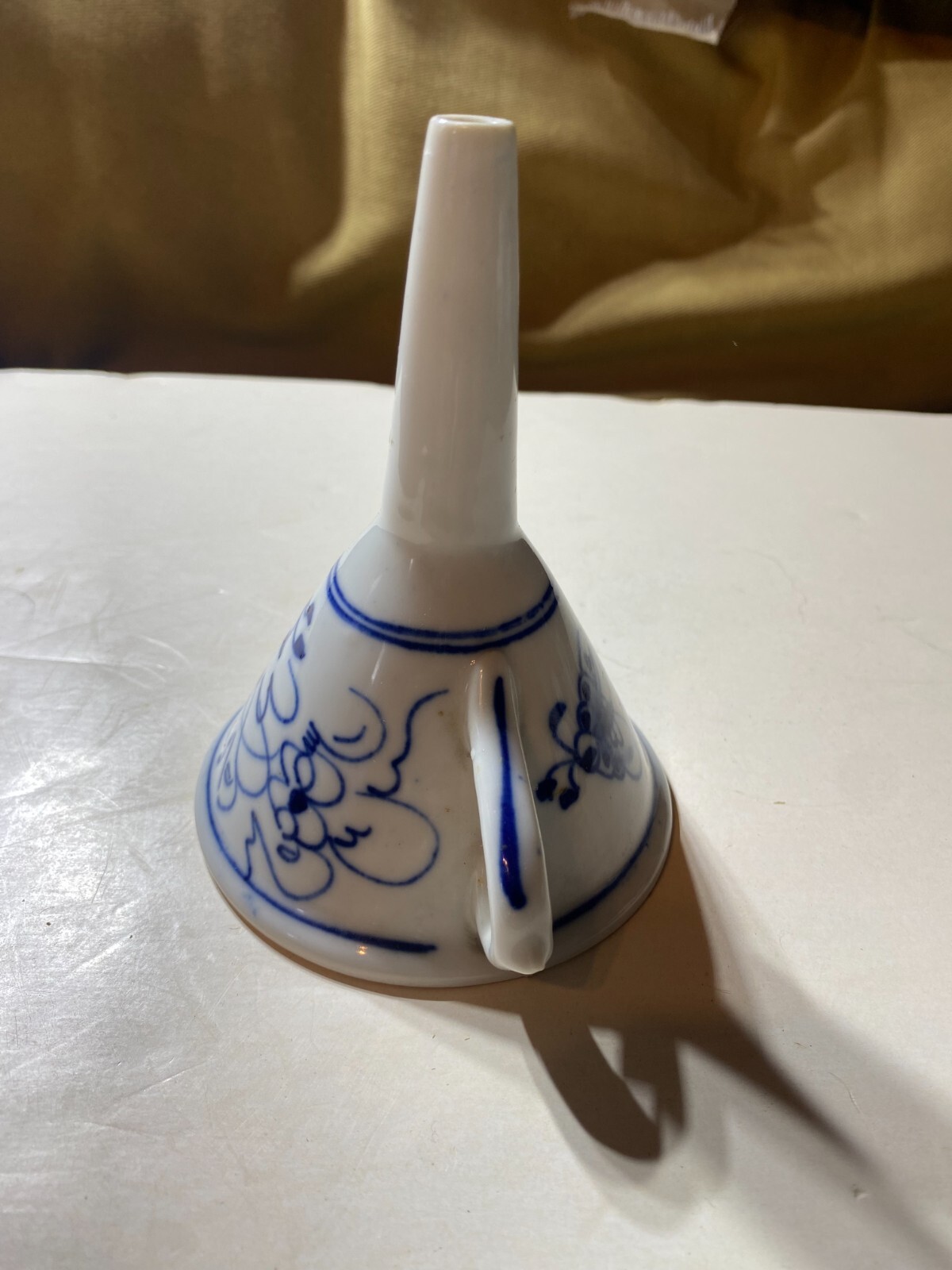 Antique Hand Painted Flow Blue Porcelain Funnel – 5.0″ Tall