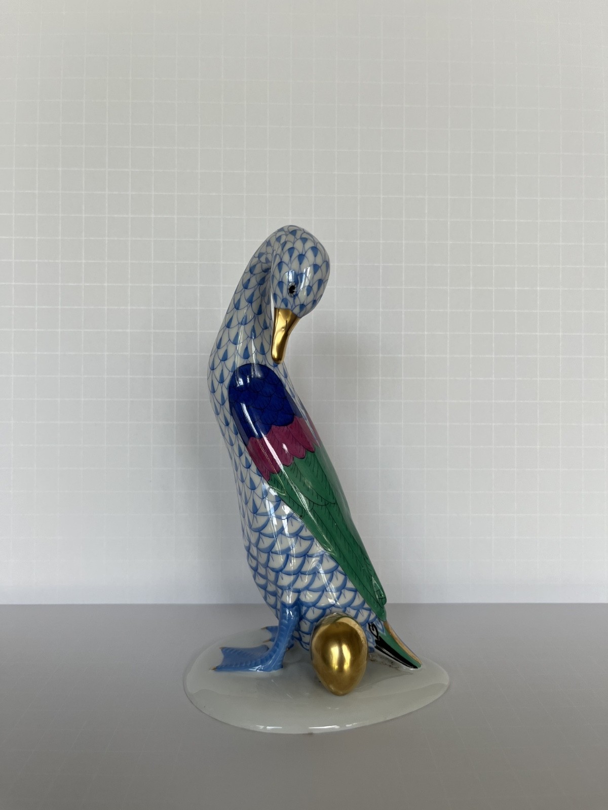 HEREND Hungary Goose with 24K Golden Egg and Vieux Herend (VHB) Blue Fish scale