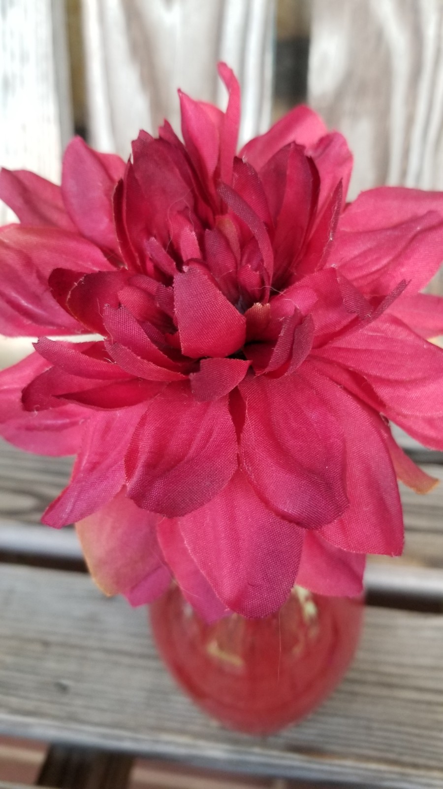 5.5″ Pottery + Wood Vase Vintage w/Red Fabric Dahlia Autumn Thanksgiving Decor