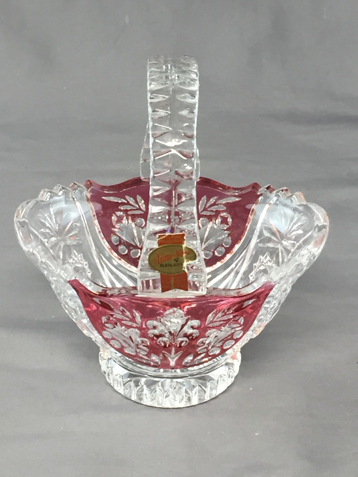 Anna Hutte Bleikristall 24% Lead Crystal Ruby Flashed Floral Cut Glass Basket