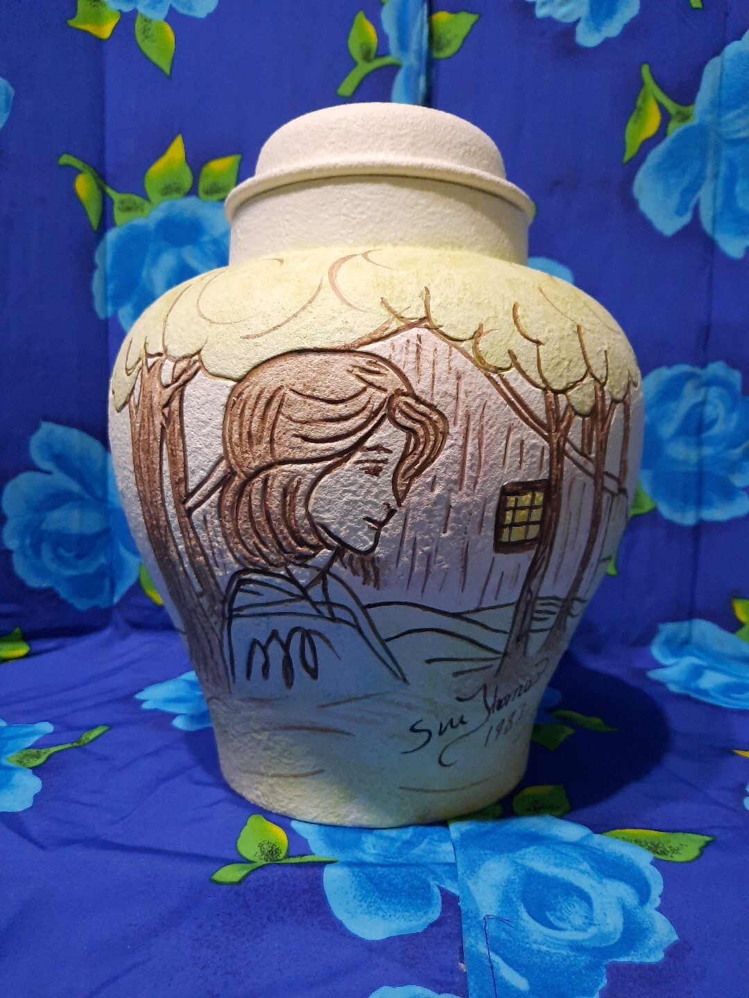 Vtg 80s Lg Etched Painted Textured Pottery Vase Urn Ginger Jar Signed Sue Thomas