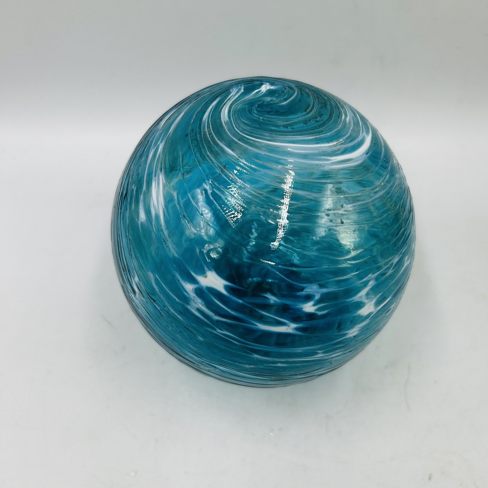 Opal Art Glass Blue White Swirl Glass Float Gazing Ball Orb 5” Tall