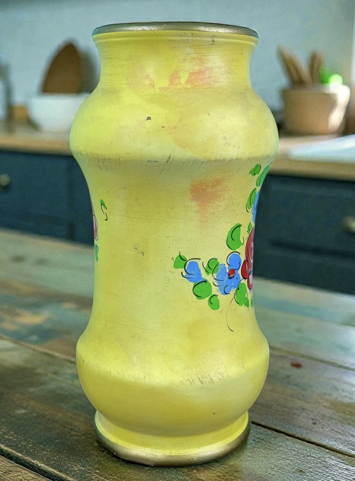 Italian Art Pottery Vase Hand Painted Yellow Floral Gold Matte Mid Century