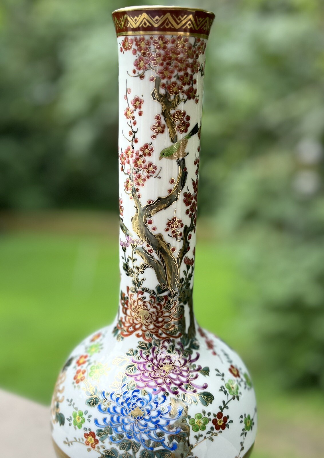 Stunning Hand Painted Porcelain Cherry Blossoms & Flowers Bulbous Vase Asian