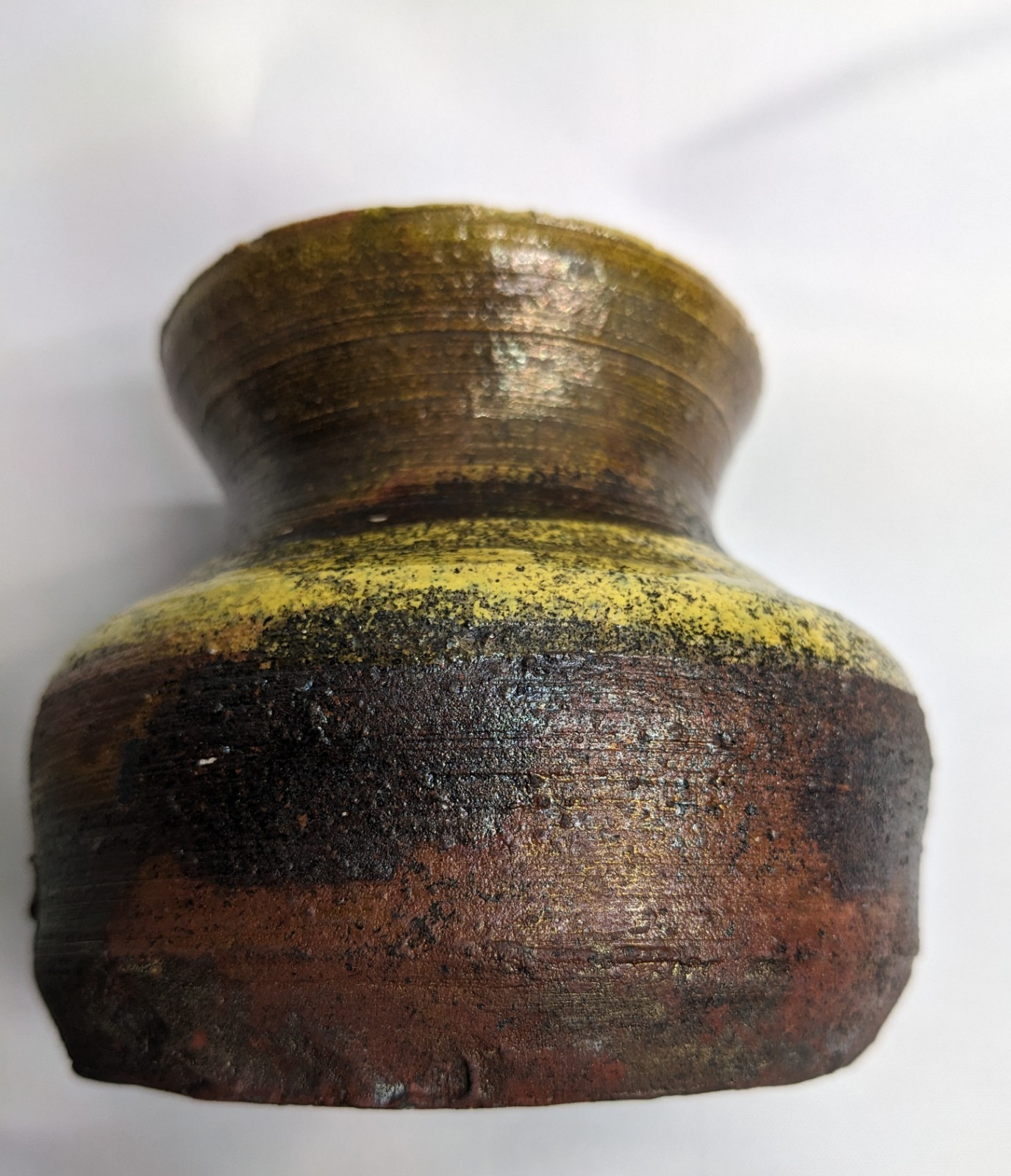 Rustic Glazed Pottery Vase, Brown Yellow Copper, Signed