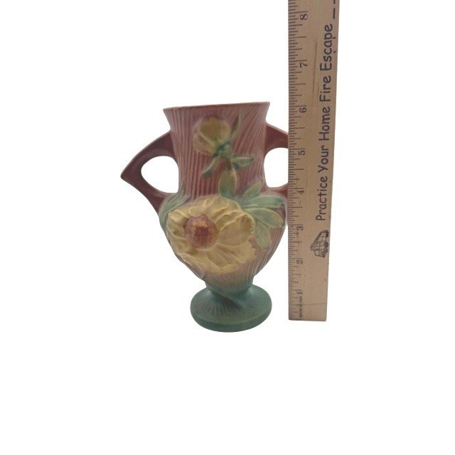 Roseville Peony Vase 168-6 Sienna Brown Yellow Floral Double Handle Art Pottery