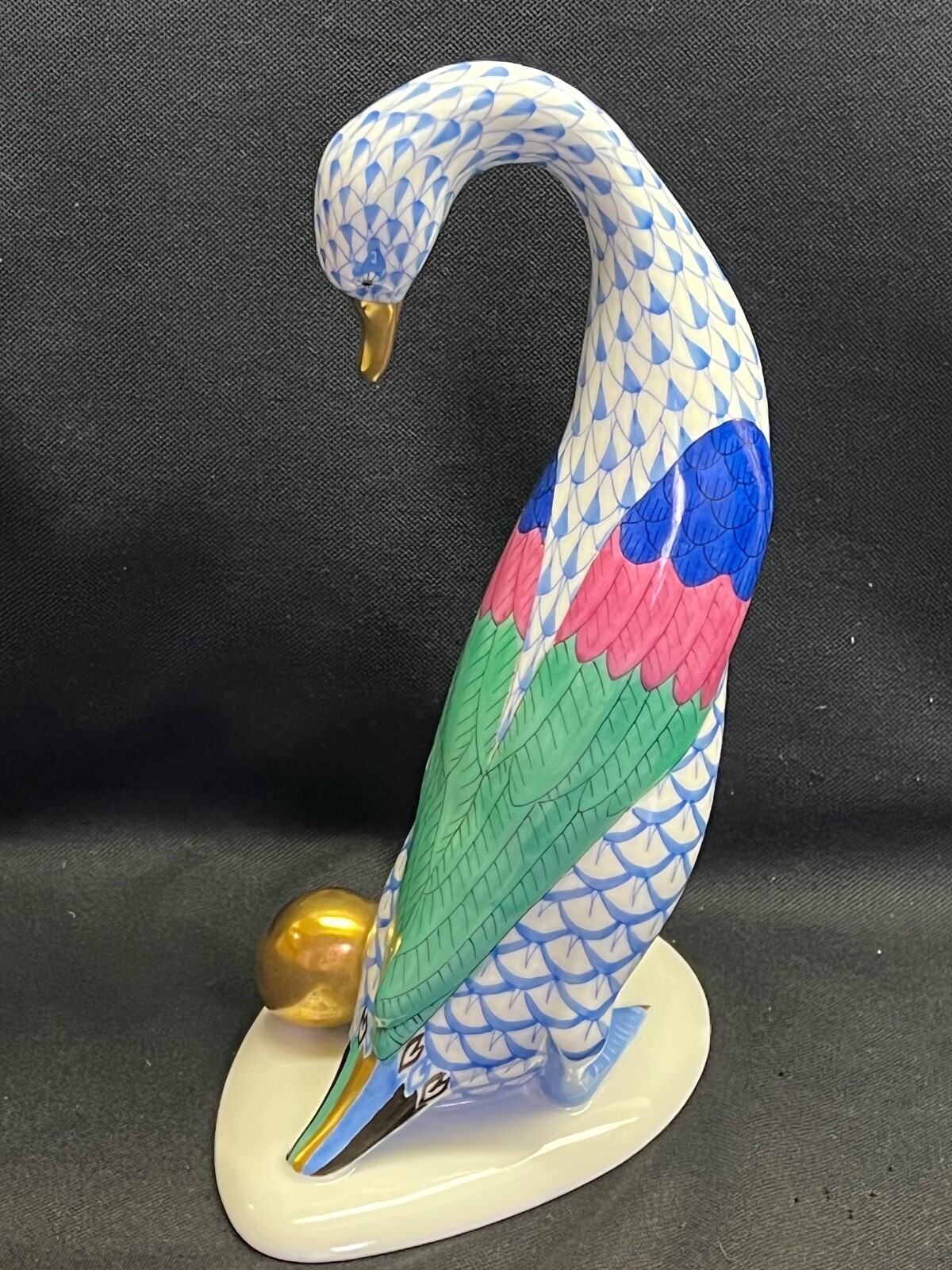 🌷MINT HEREND Porcelain Large GOOSE BIRD with Gold Egg Blue Fishnet Figurine
