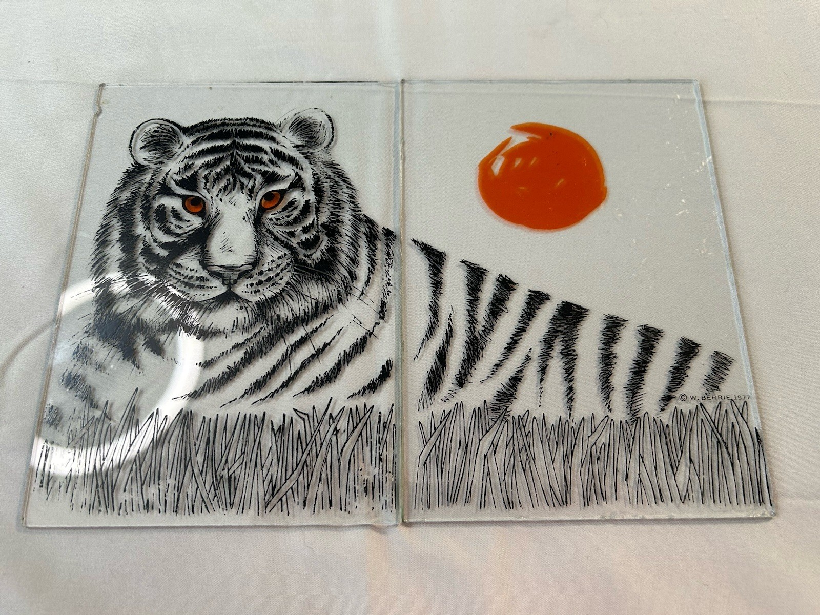 Vintage 1977 Tiger Glass Art Panels Signed W Berrie Mid Centu