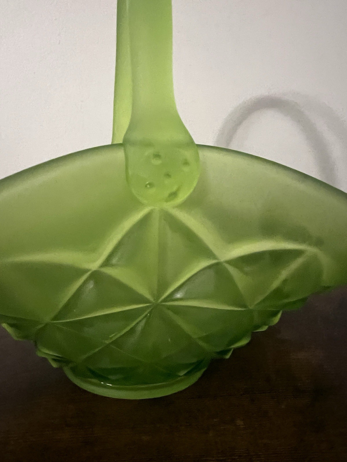 Westmoreland Satin Green Pressed Glass Basket 10” Daisy Pinwheel Pattern Vintage