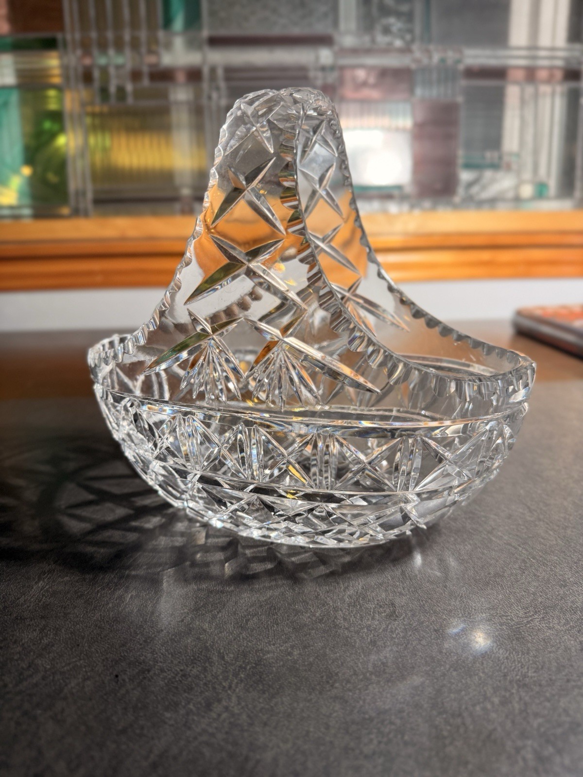 Vintage Heavy Cut CRYSTAL BASKET w/ Handle & Etched Stars, 3.75” tall