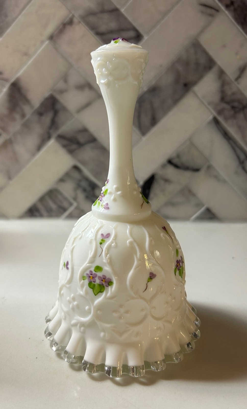 Vtg Fenton Spanish Lace Milk Glass with Violets Bell Handpainted Marilyn Wagner