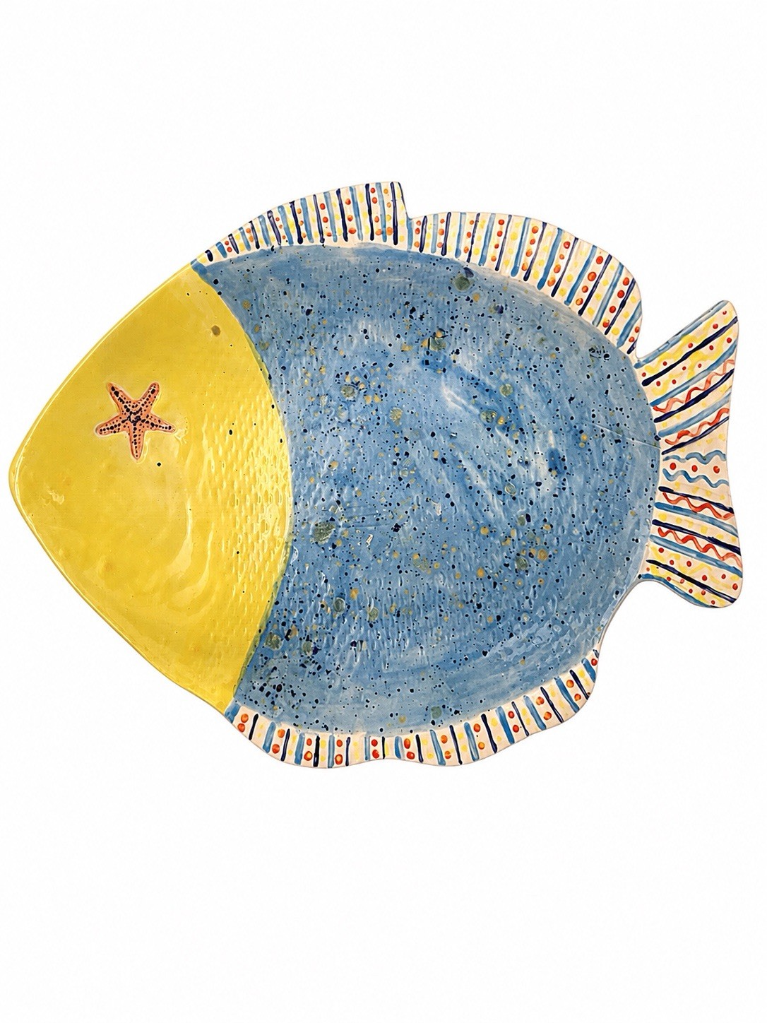 Beth Reynolds Handmade Ceramic Fish Platter Signed Large 16″ Yellow Blue