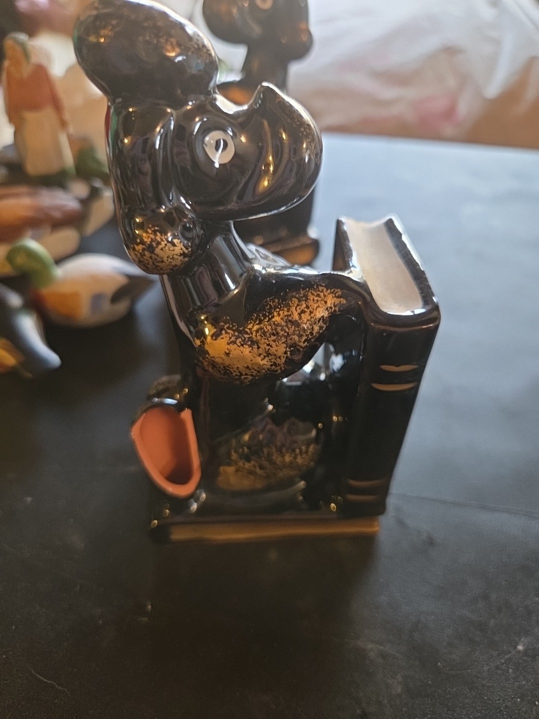 Vintage Japan Glazed Brown Pottery Poodle Bookends with Pen Holders 6 1/4″ Tall