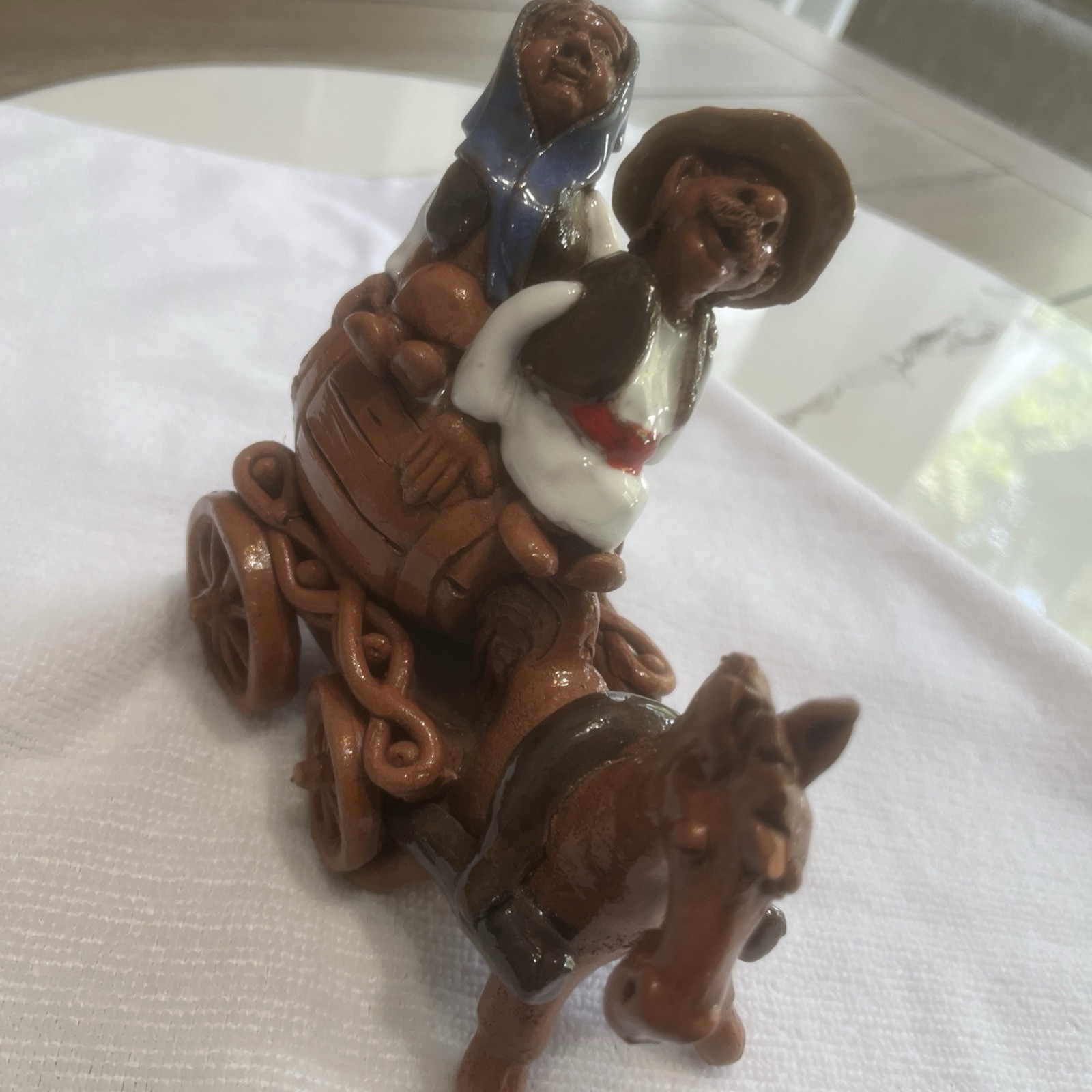 Clay Pottery Ceramic Figurine Man Pulling a Barrel wagon elderly man & women