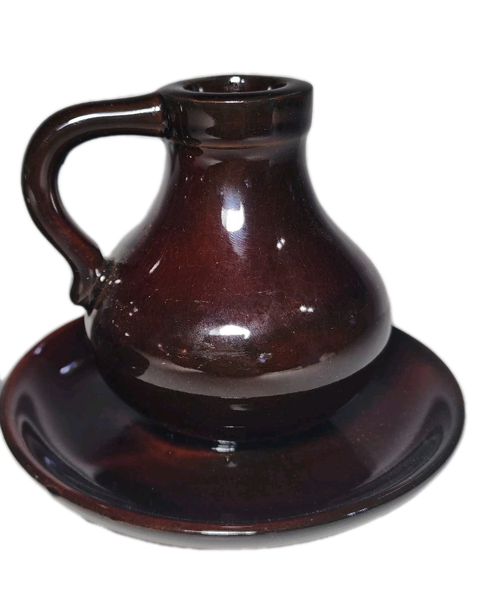 2 Vintage Redware Clay Pottery Candle Holder Set Candlestick Holders W Handles