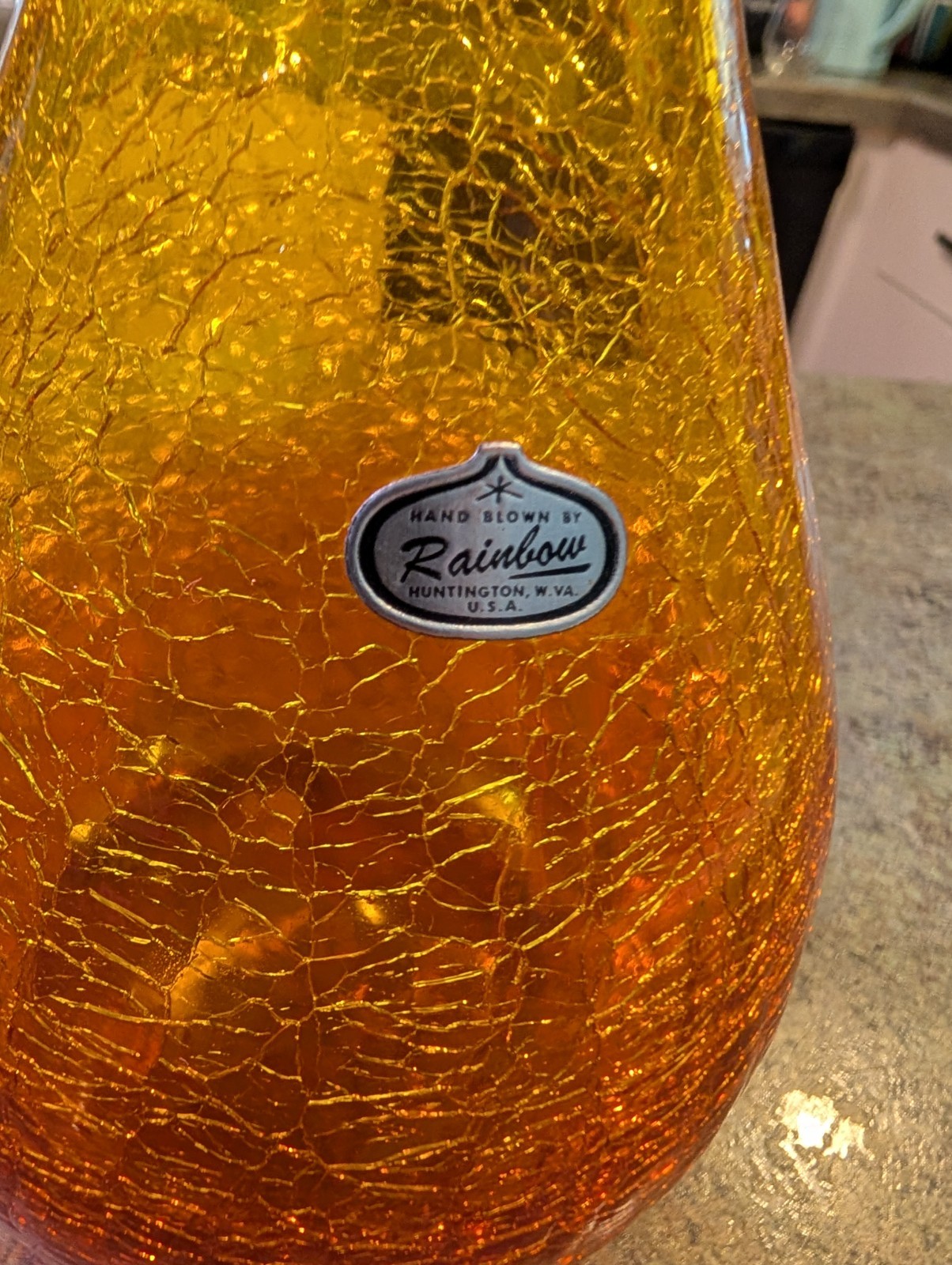 Vintage Mid-Century Modern Amberina Crackled Handblown Rainbow Glass 10″ Vase