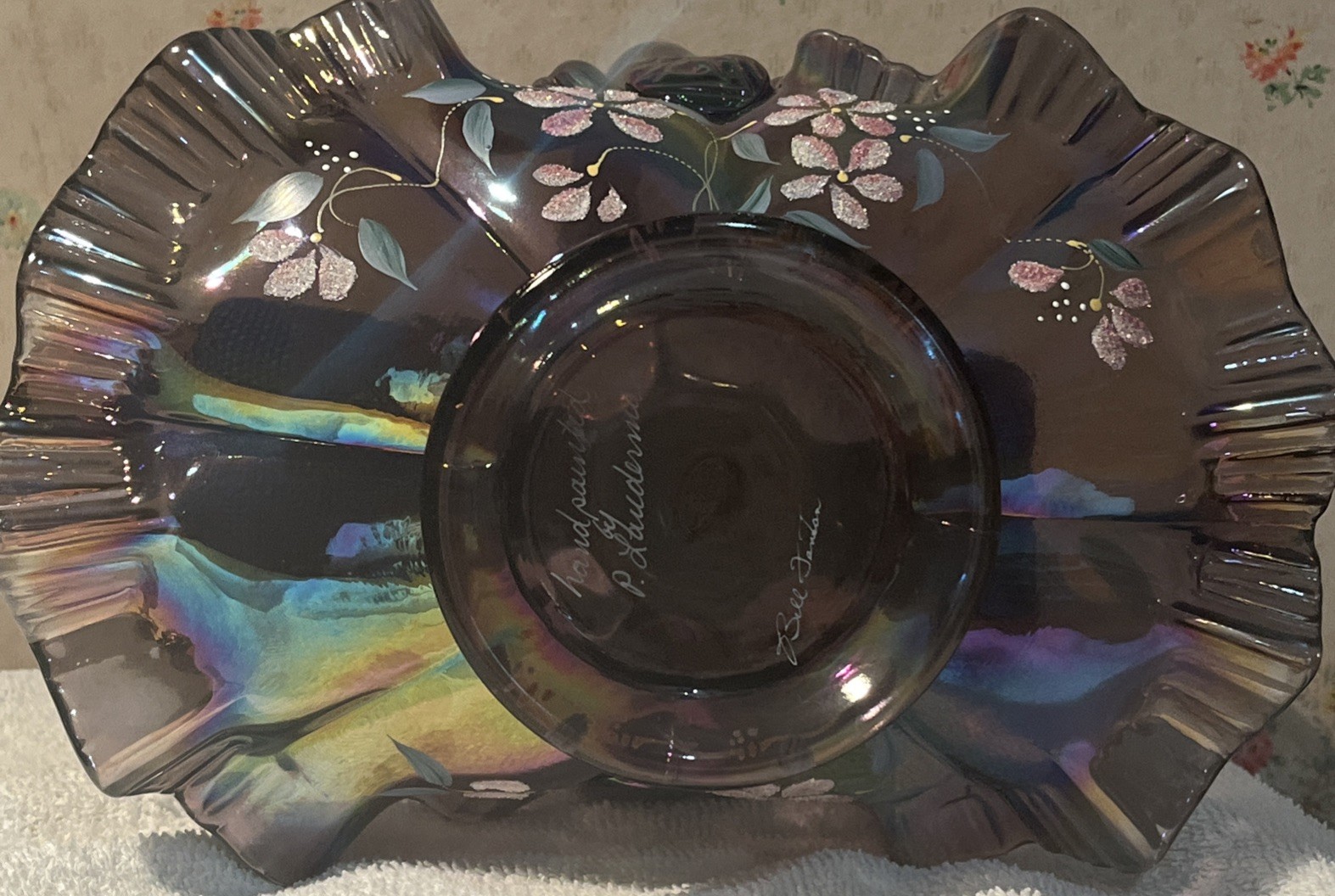 Fenton Amethyst Carnival Glass Ruffled Basket – Signed Bill Fenton & D. Erdman –