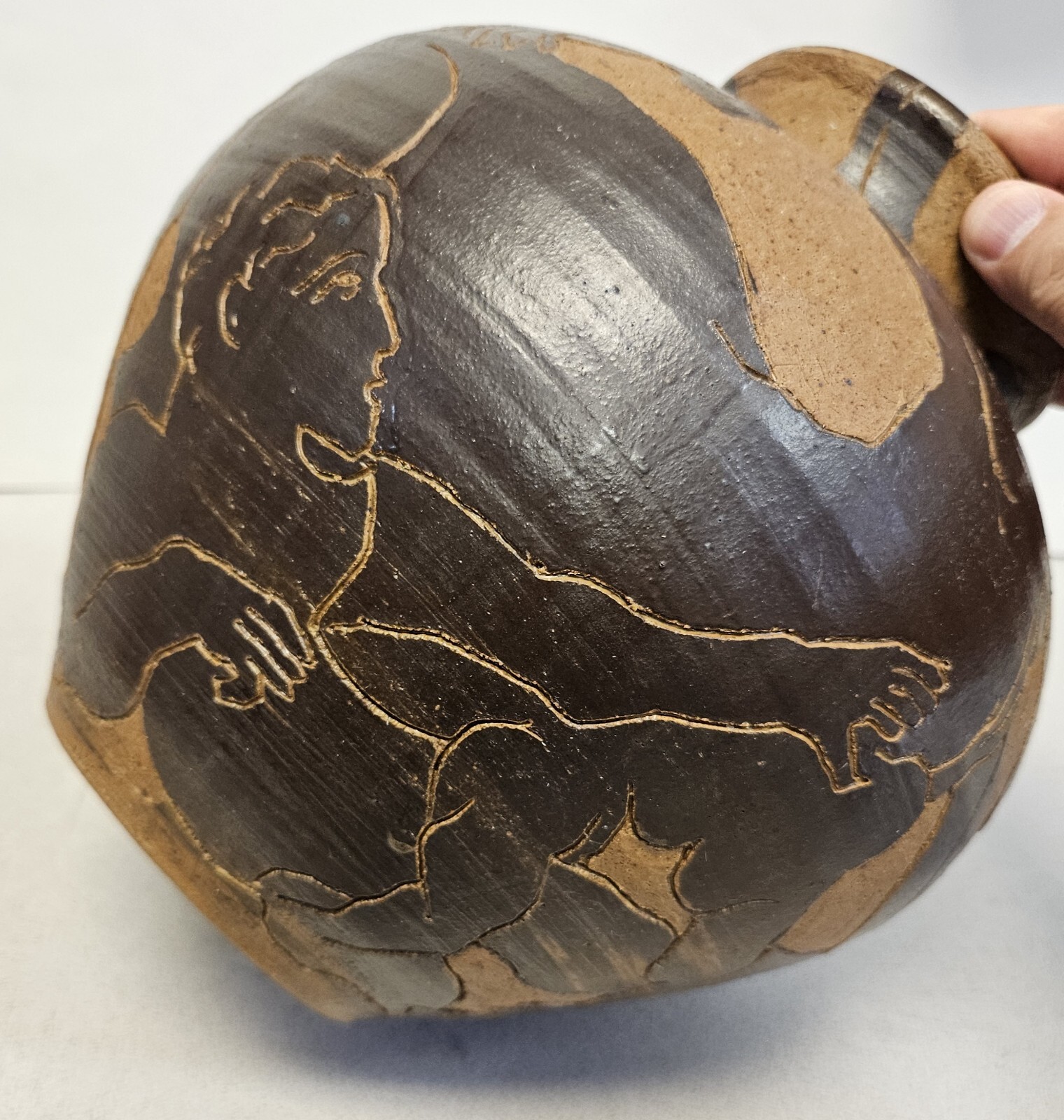 1960s Ceramic Handmade Etched ANCIENT GREEK STYLE Pottery Vase JUG Signed AHO