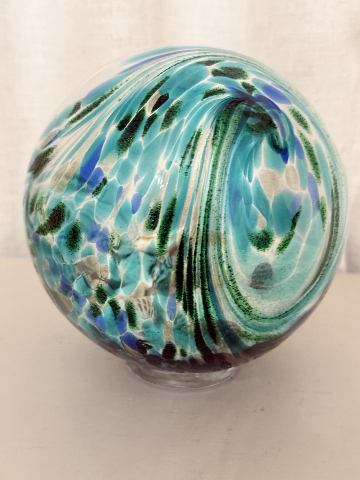 Large HQT 7” Art Glass Sea Globe Beach Paperweight Sand Shells Teal Blue