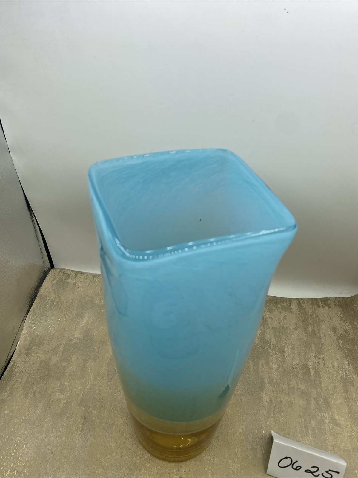 Turquoise, White & Amber Frosted Heavy Hand Blown Glass Vase 4 1/2” D 12 1/2” T